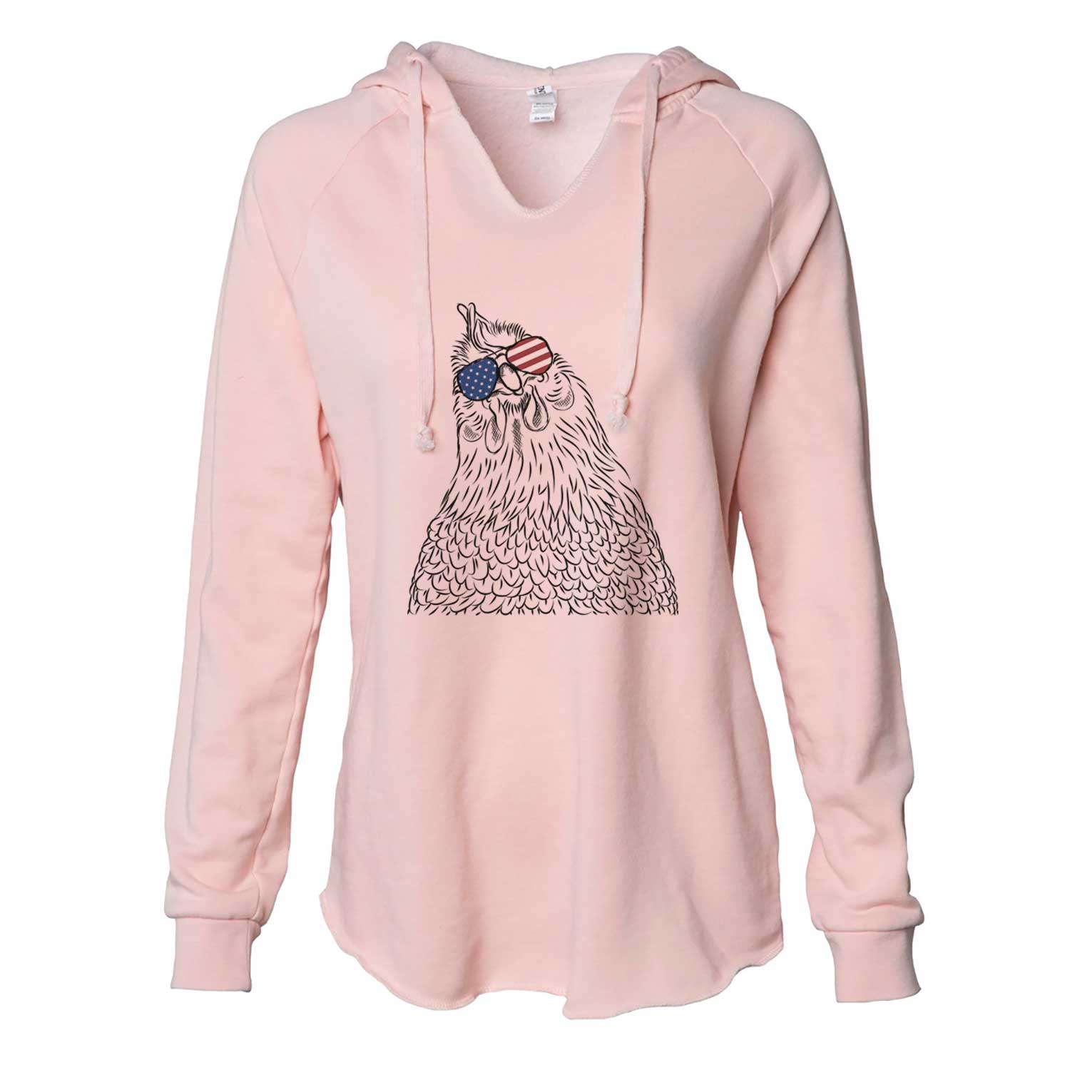 Hand-drawn sketch of Henrietta the Chicken wearing American flag sunglasses on a Blush Cali Wave Hooded Sweatshirt