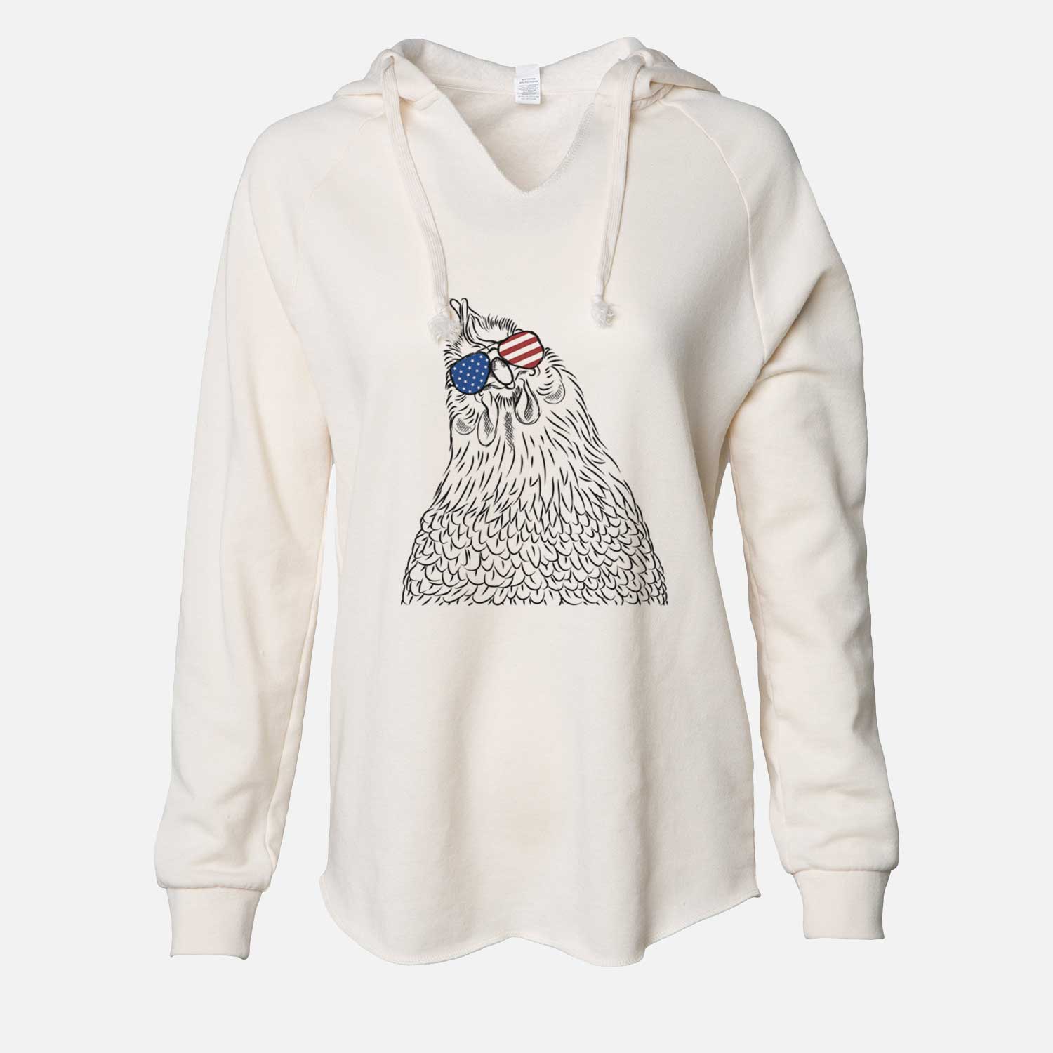 Hand-drawn sketch of Henrietta the Chicken wearing American flag sunglasses on a Bone Cali Wave Hooded Sweatshirt