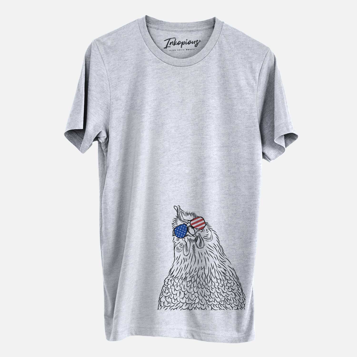 Hand-drawn sketch of Henrietta the Chicken wearing American flag sunglasses on a Grey Unisex crewneck