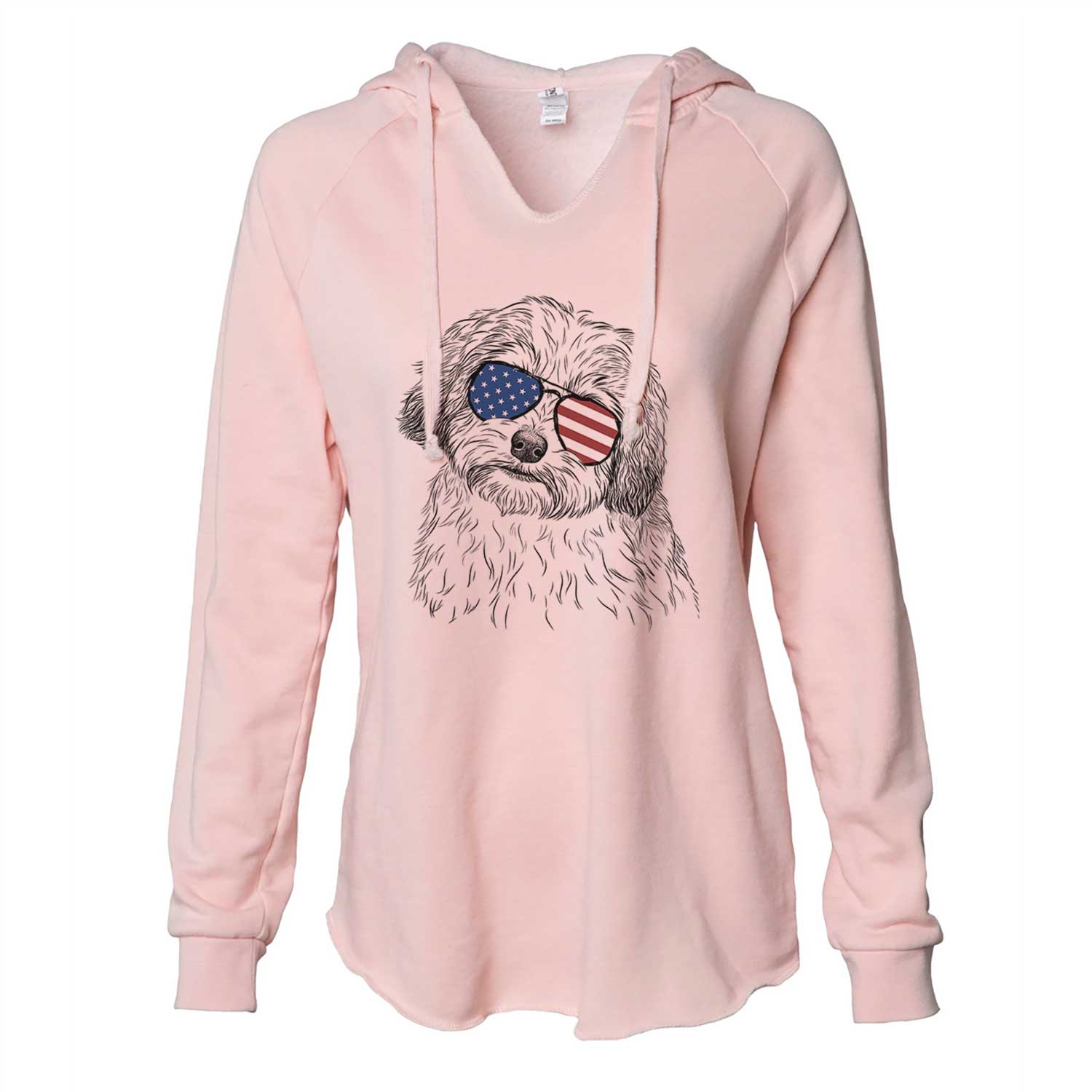 Hand-drawn sketch of Henry the Havanese wearing American flag sunglasses on a Blush Cali Wave Hooded Sweatshirt