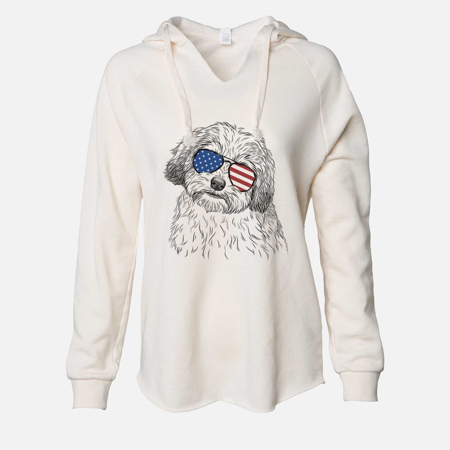 Hand-drawn sketch of Henry the Havanese wearing American flag sunglasses on a Bone Cali Wave Hooded Sweatshirt