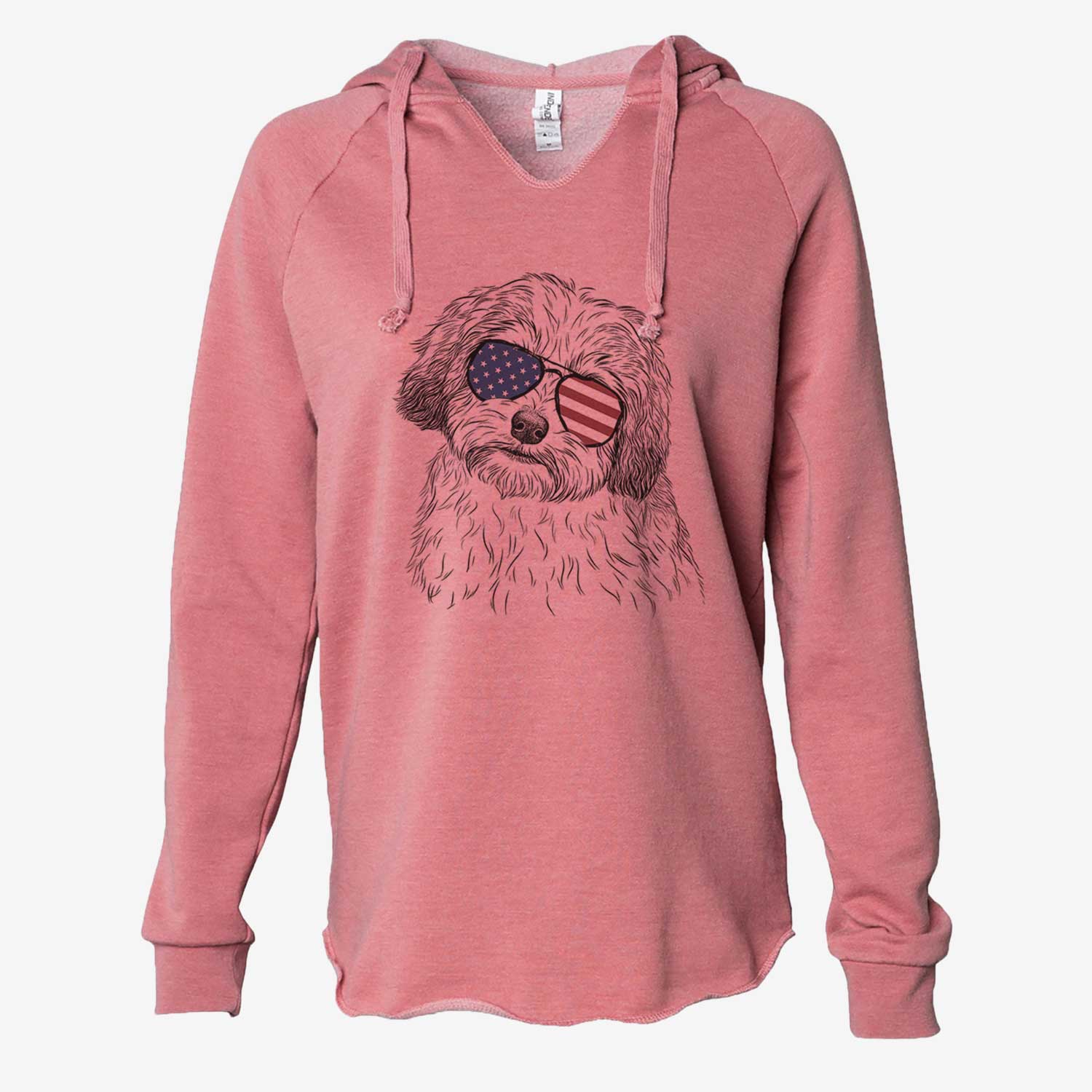 Hand-drawn sketch of Henry the Havanese wearing American flag sunglasses on a Dusty Rose Cali Wave Hooded Sweatshirt