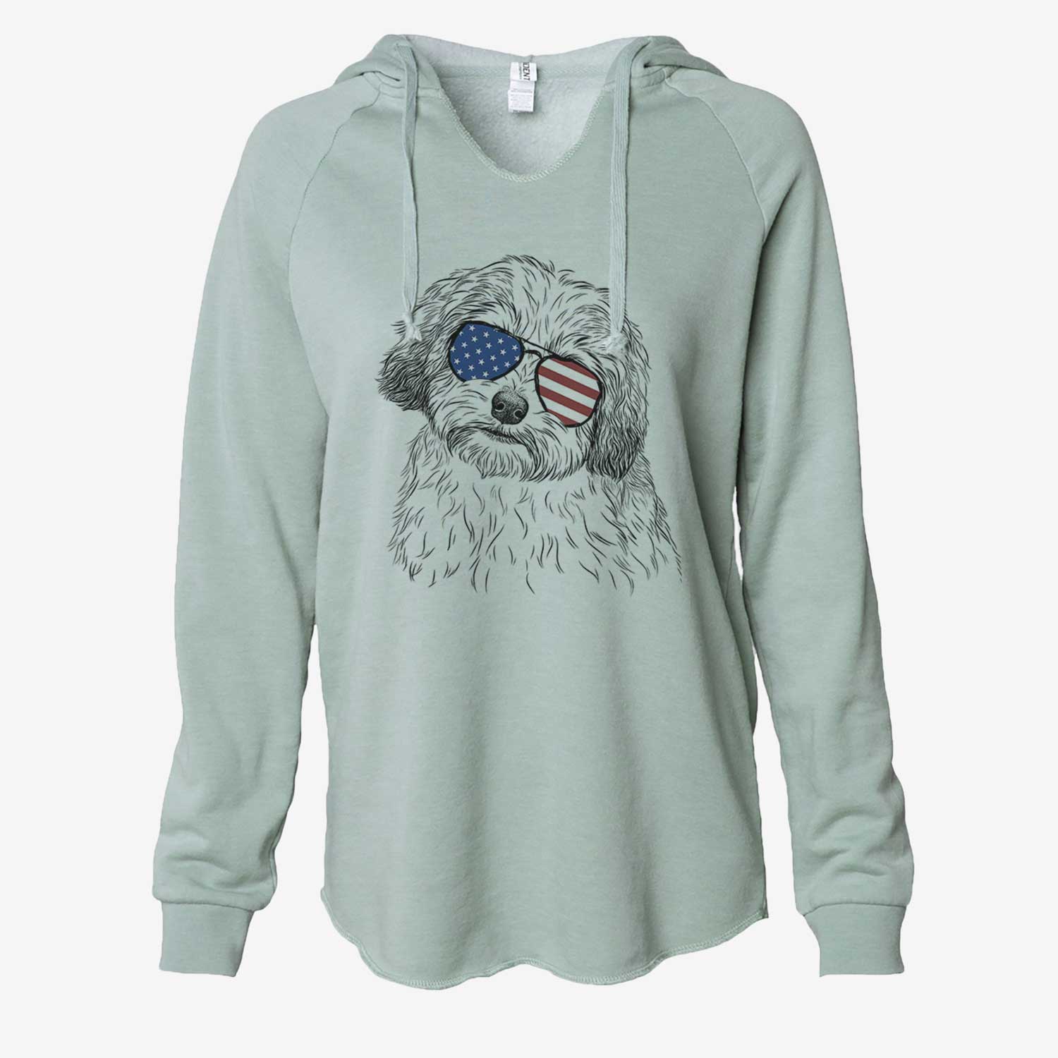 Hand-drawn sketch of Henry the Havanese wearing American flag sunglasses on a Sage Cali Wave Hooded Sweatshirt