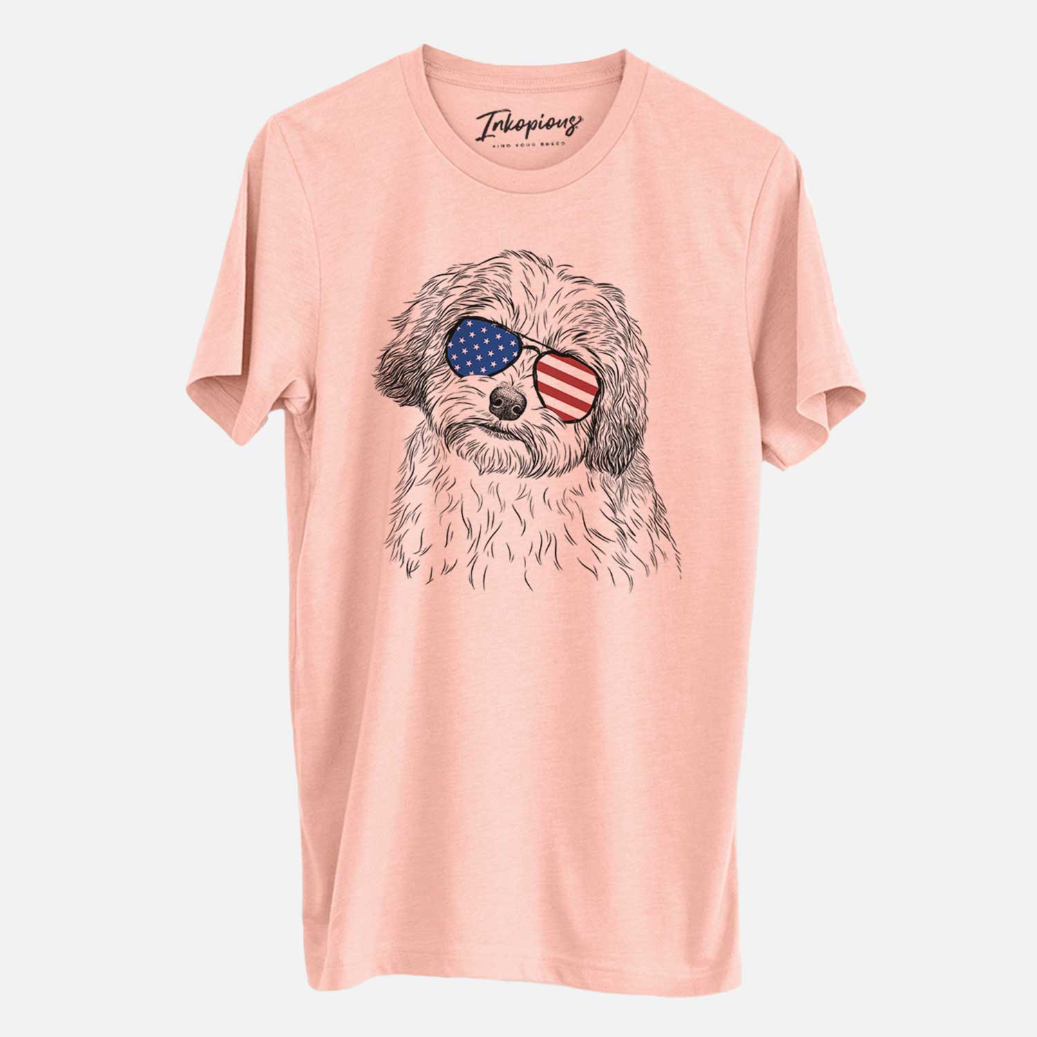 Hand-drawn sketch of Henry the Havanese wearing American flag sunglasses on a Peach Unisex crewneck
