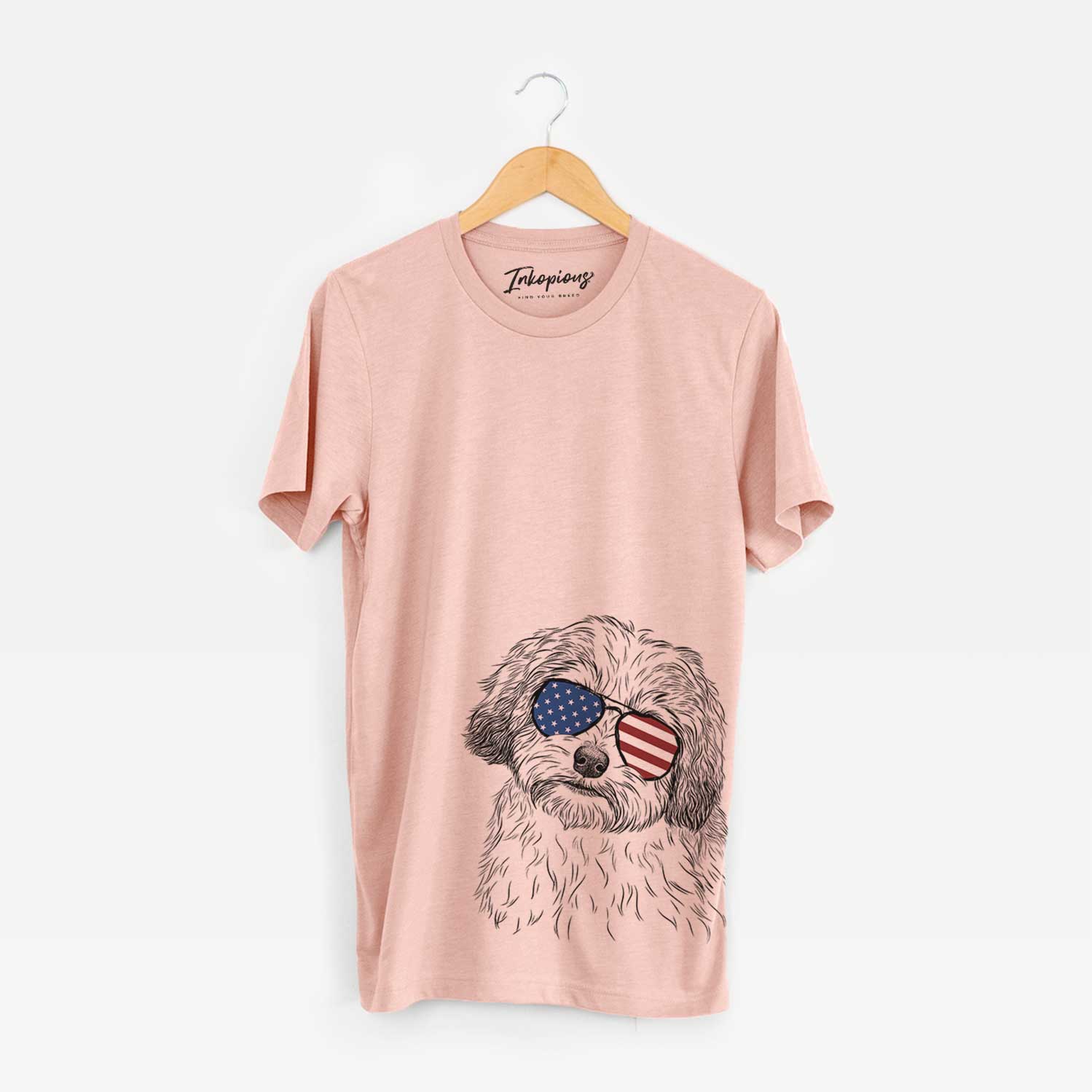 Hand-drawn sketch of Henry the Havanese wearing American flag sunglasses on a Peach Unisex crewneck