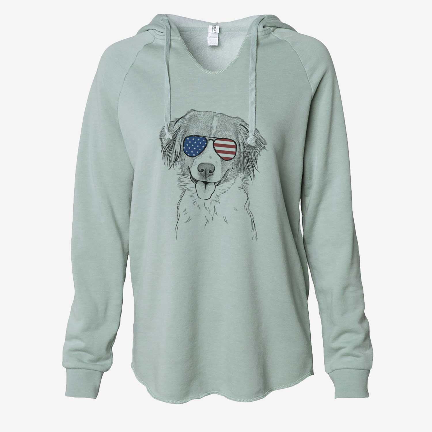 Hand-drawn sketch of Hercules the Nederlandse Kooikerhondje wearing American flag sunglasses on a Sage Cali Wave Hooded Sweatshirt