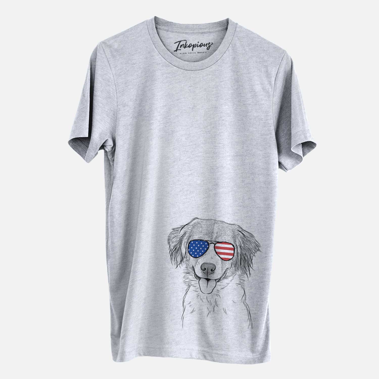 Hand-drawn sketch of Hercules the Nederlandse Kooikerhondje wearing American flag sunglasses on a Grey Unisex crewneck
