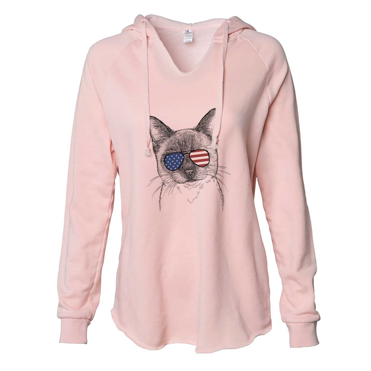 Hand-drawn sketch of Hoggle the Siamese Cat wearing American flag sunglasses on a Blush Cali Wave Hooded Sweatshirt