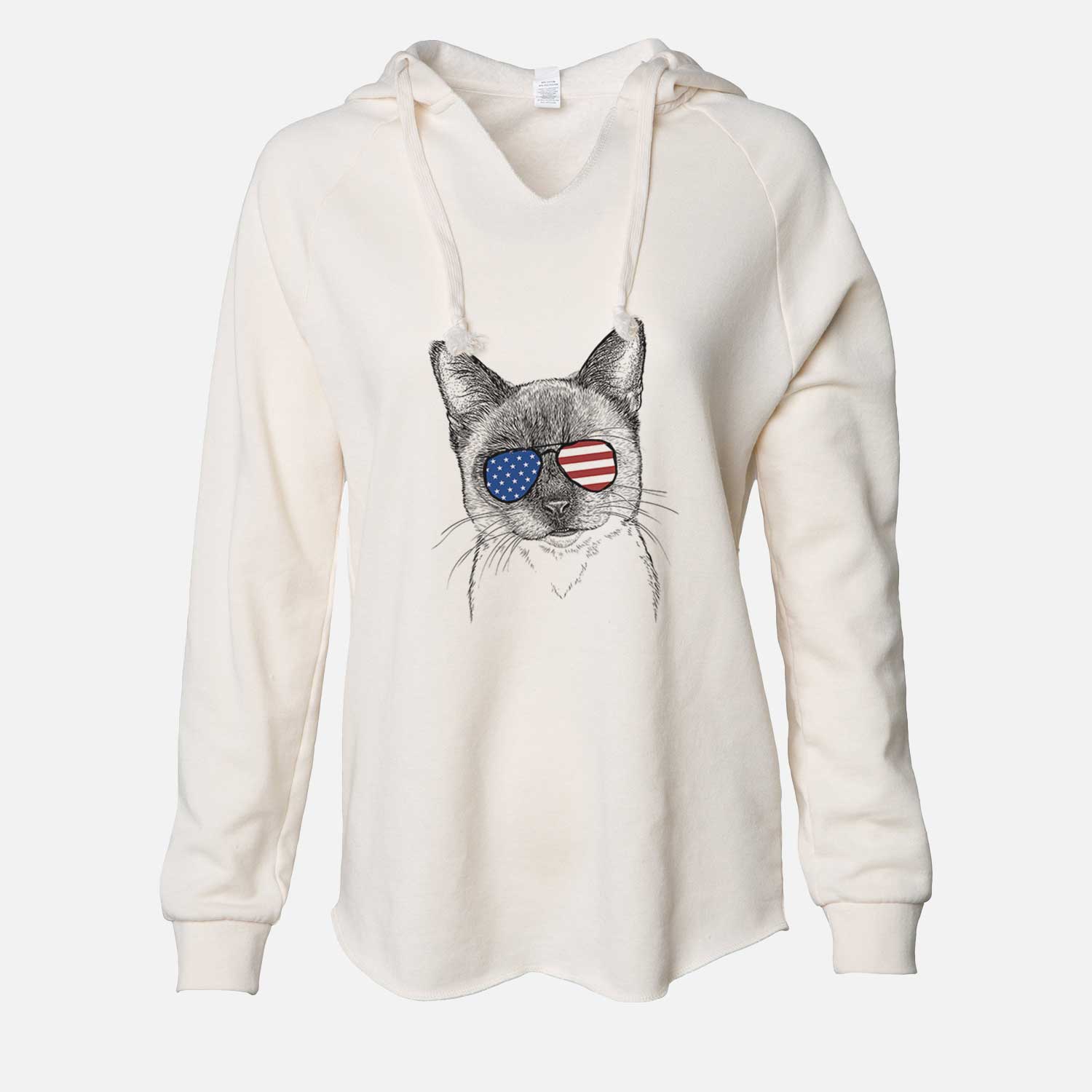 Hand-drawn sketch of Hoggle the Siamese Cat wearing American flag sunglasses on a Bone Cali Wave Hooded Sweatshirt