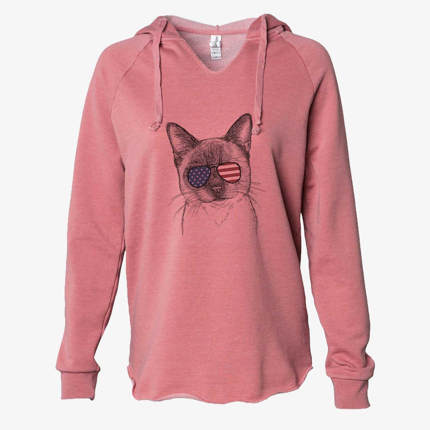 Hand-drawn sketch of Hoggle the Siamese Cat wearing American flag sunglasses on a Dusty Rose Cali Wave Hooded Sweatshirt