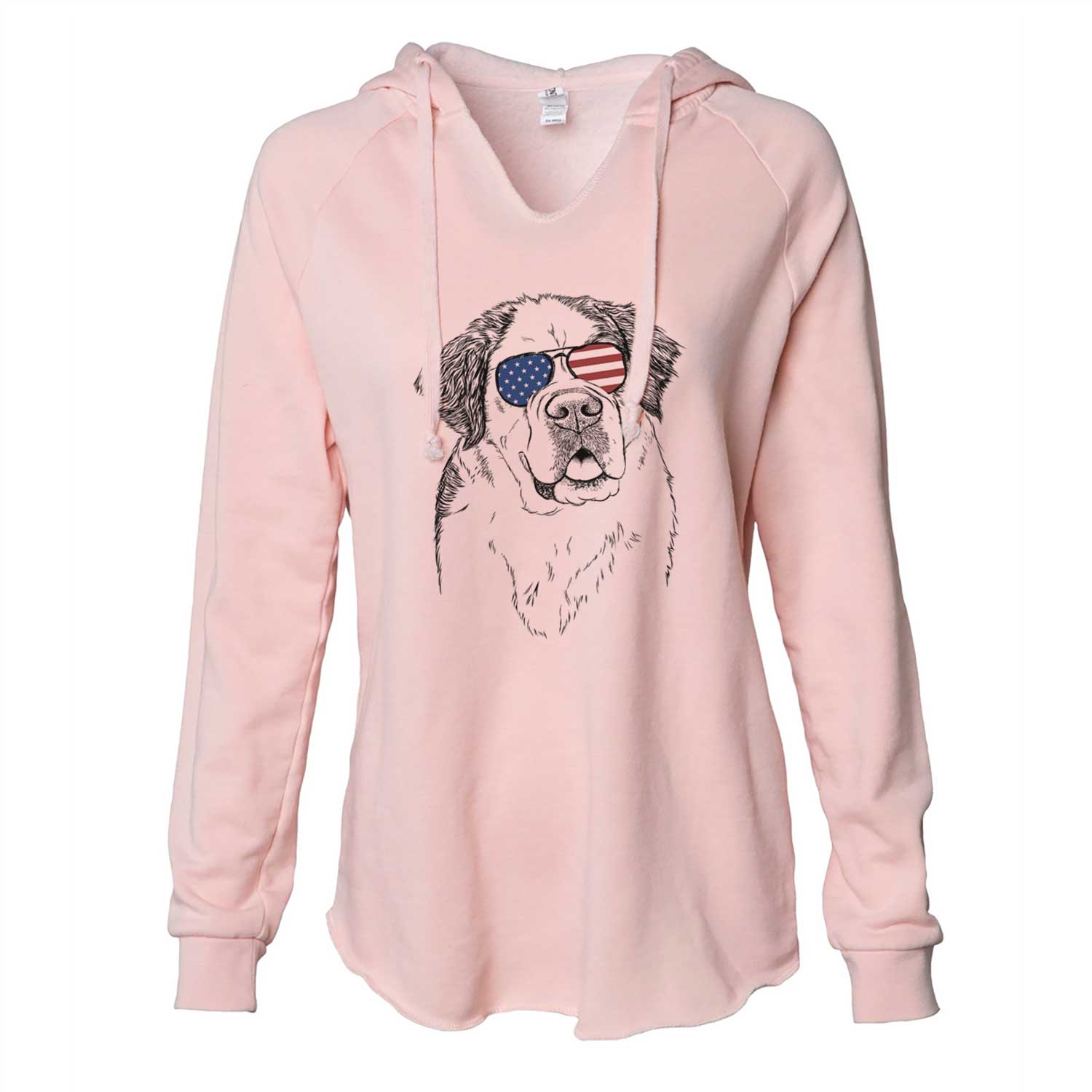 Hand-drawn sketch of Hook the Saint Bernard wearing American flag sunglasses on a Blush Cali Wave Hooded Sweatshirt