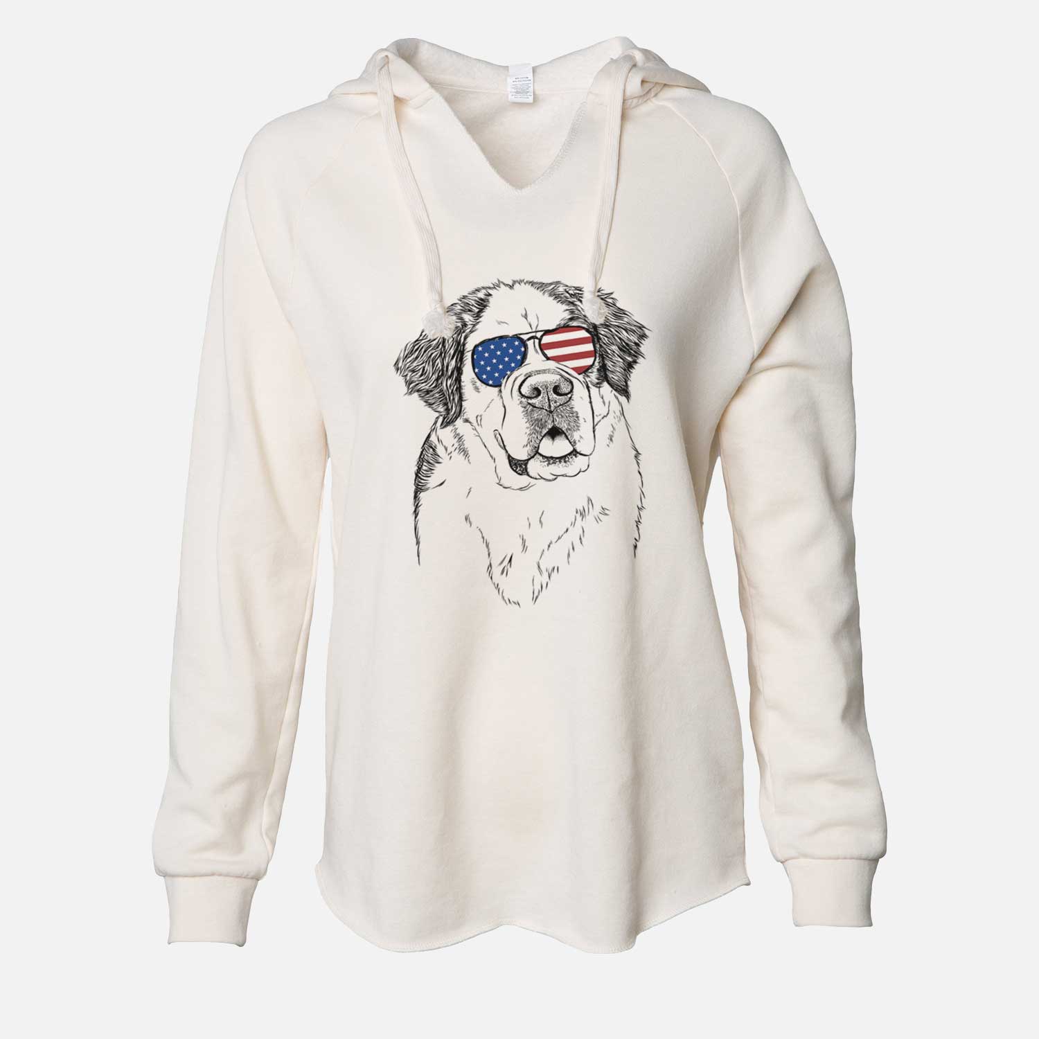 Hand-drawn sketch of Hook the Saint Bernard wearing American flag sunglasses on a Bone Cali Wave Hooded Sweatshirt