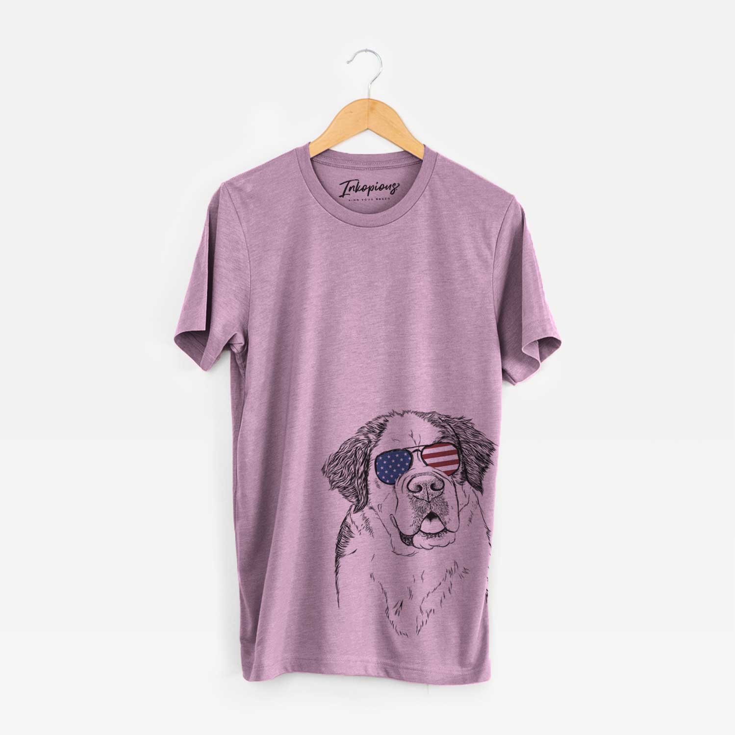 Hand-drawn sketch of Hook the Saint Bernard wearing American flag sunglasses on an Orchid Unisex crewneck