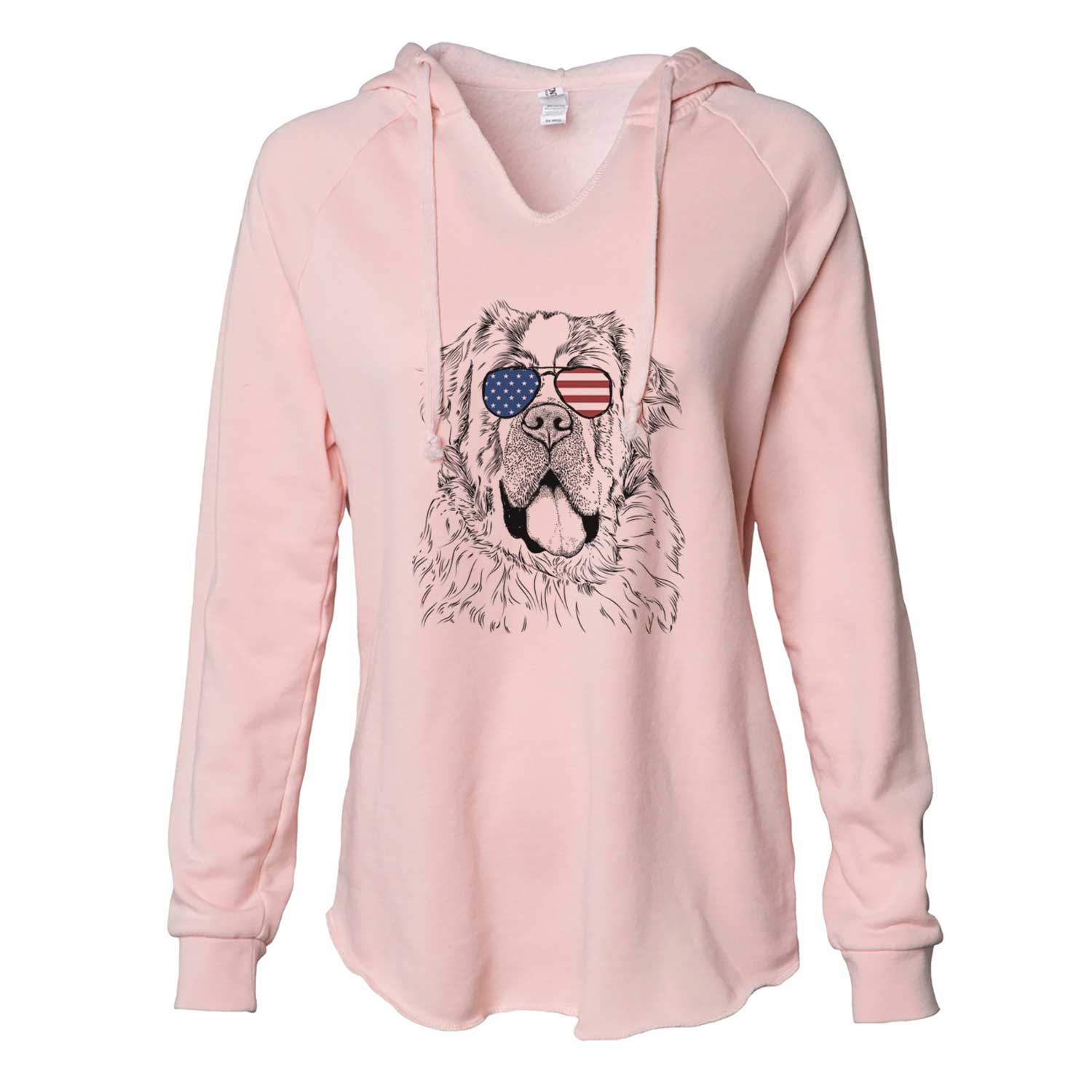 Hand-drawn sketch of Hoss the Saint Bernard wearing American flag sunglasses on a Blush Cali Wave Hooded Sweatshirt