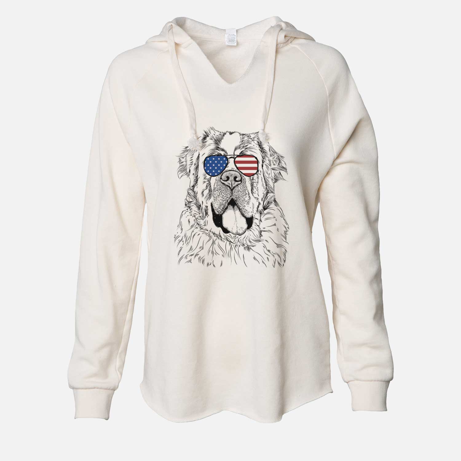 Hand-drawn sketch of Hoss the Saint Bernard wearing American flag sunglasses on a Bone Cali Wave Hooded Sweatshirt