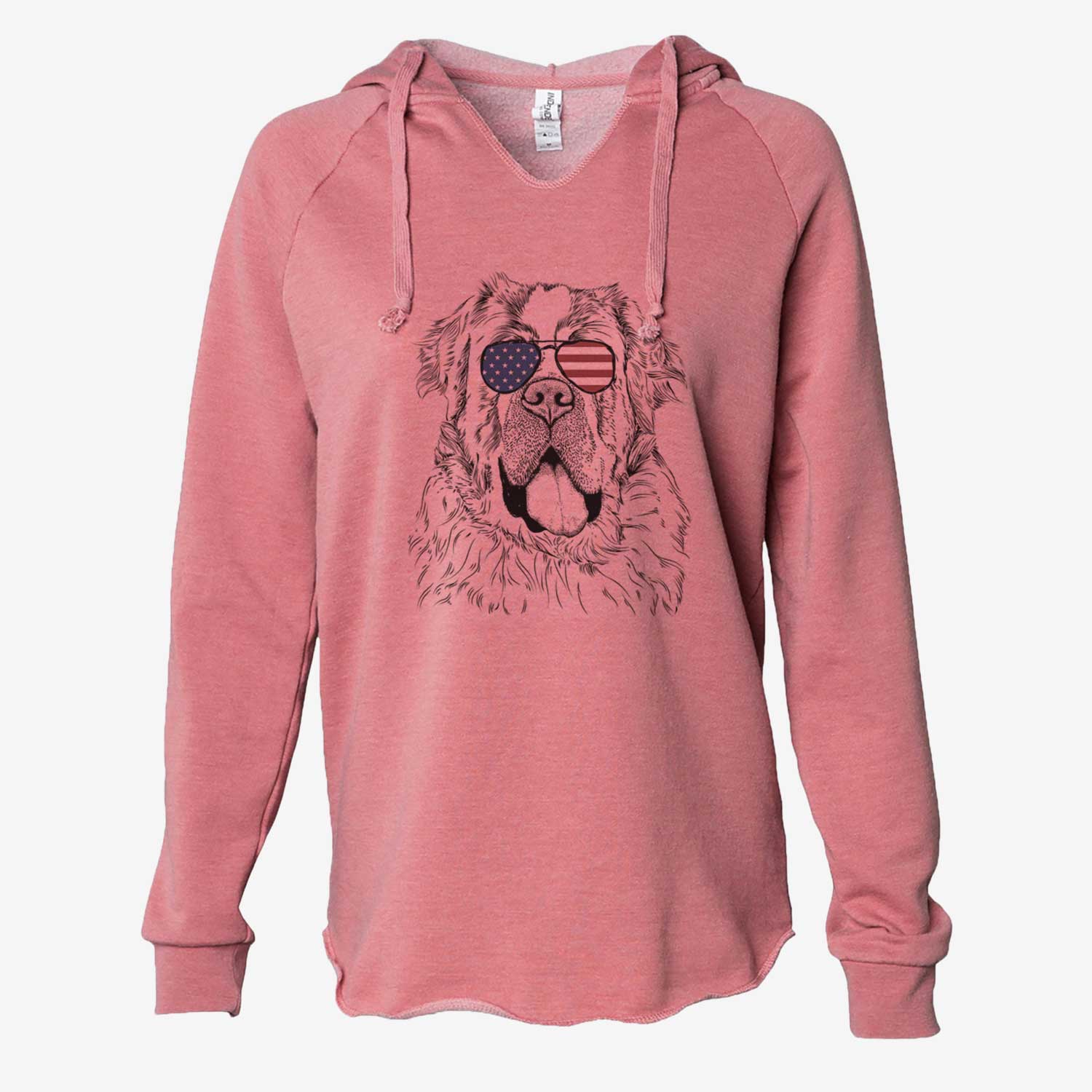 Hand-drawn sketch of Hoss the Saint Bernard wearing American flag sunglasses on a Dusty Rose Cali Wave Hooded Sweatshirt