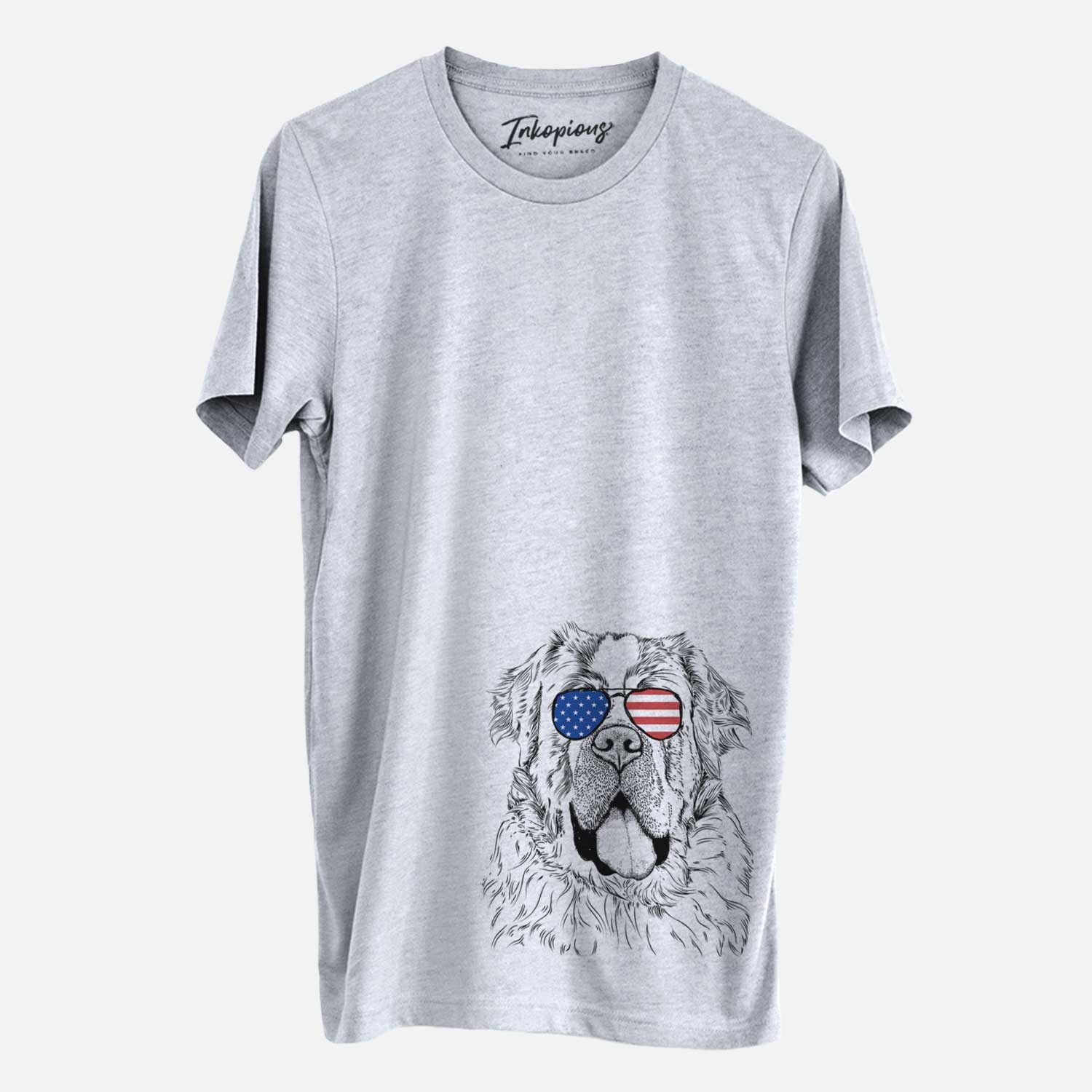Hand-drawn sketch of Hoss the Saint Bernard wearing American flag sunglasses on a Grey Unisex crewneck