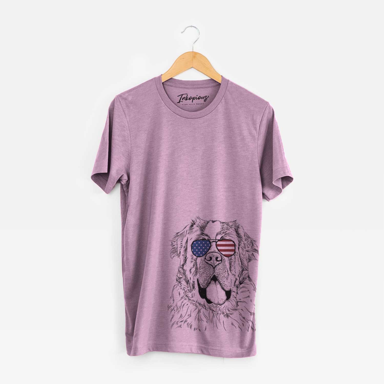 Hand-drawn sketch of Hoss the Saint Bernard wearing American flag sunglasses on an Orchid Unisex crewneck