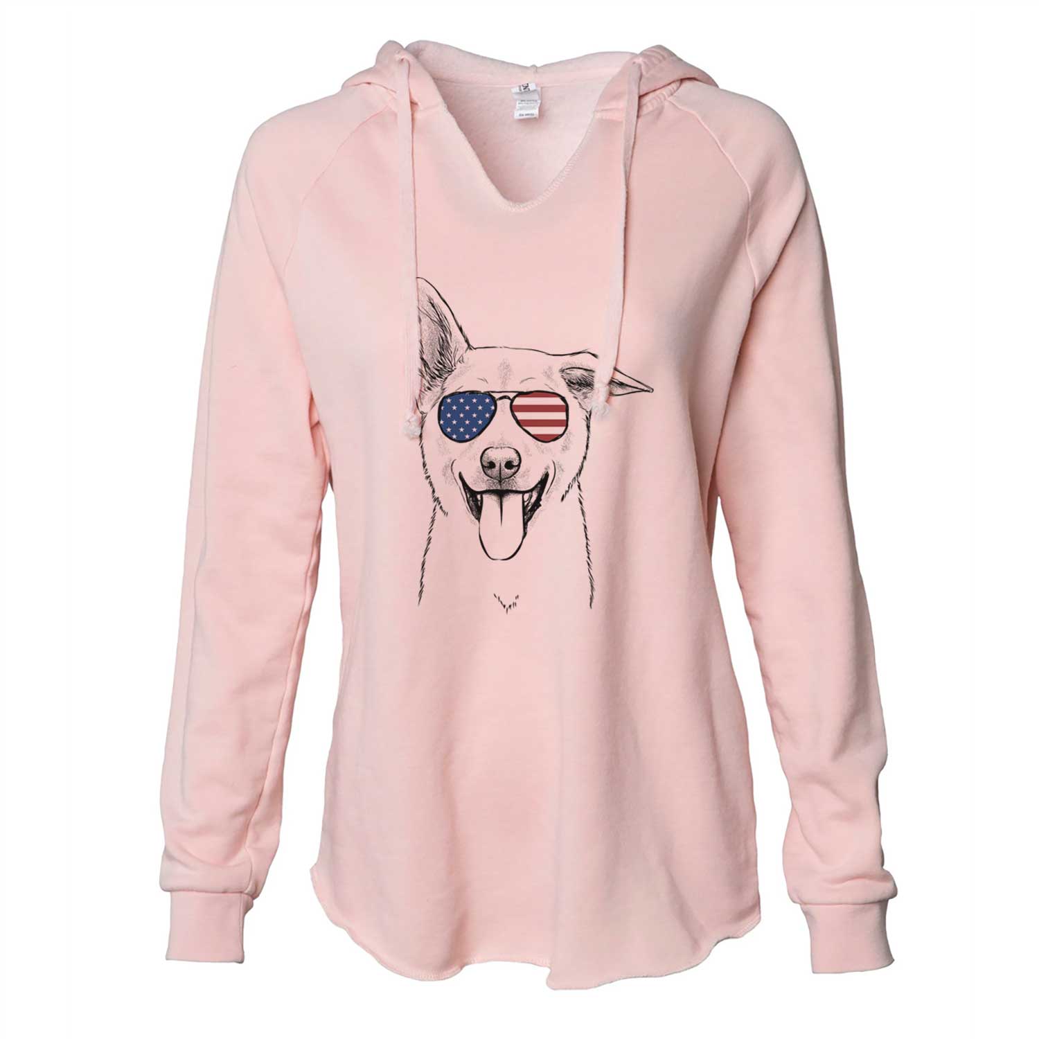 Hand-drawn sketch of Hoya the Korean Jindo wearing American flag sunglasses on a Blush Cali Wave Hooded Sweatshirt