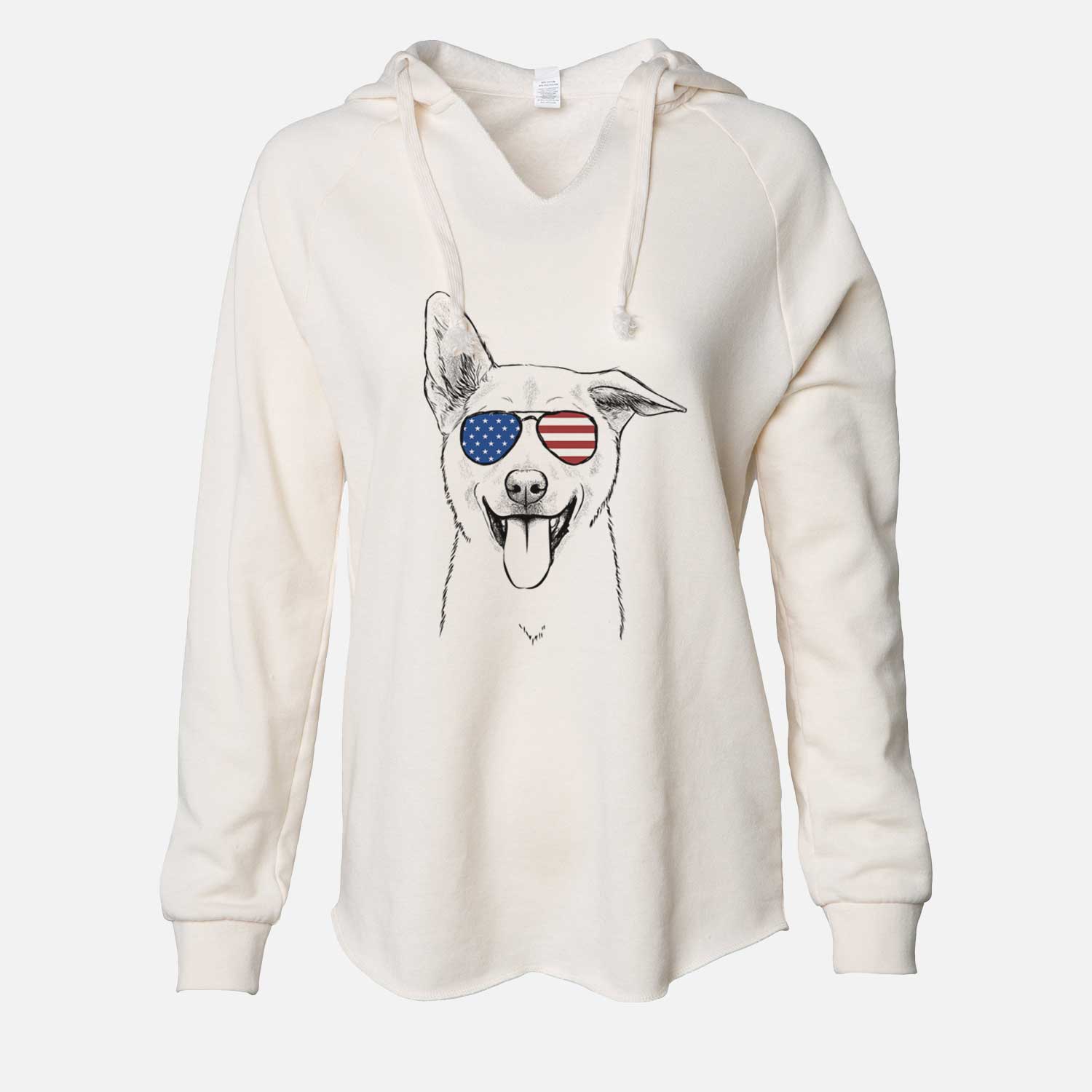 Hand-drawn sketch of Hoya the Korean Jindo wearing American flag sunglasses on a Bone Cali Wave Hooded Sweatshirt