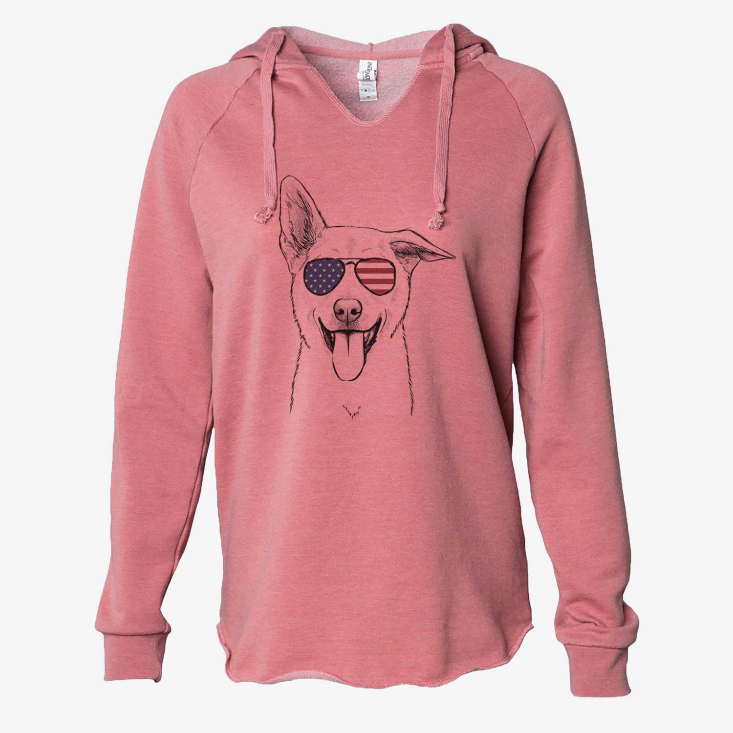 Hand-drawn sketch of Hoya the Korean Jindo wearing American flag sunglasses on a Dusty Rose Cali Wave Hooded Sweatshirt