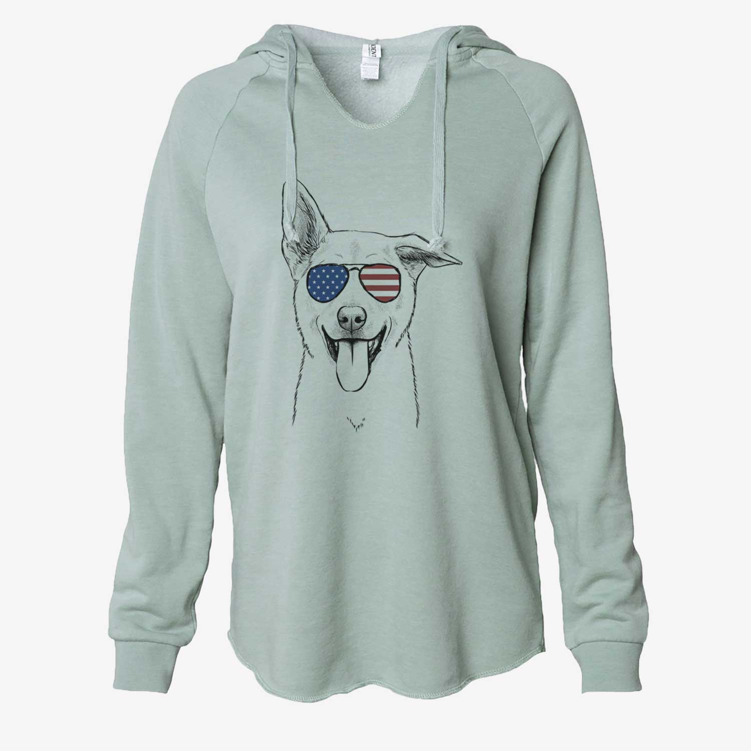 Hand-drawn sketch of Hoya the Korean Jindo wearing American flag sunglasses on a Sage Cali Wave Hooded Sweatshirt