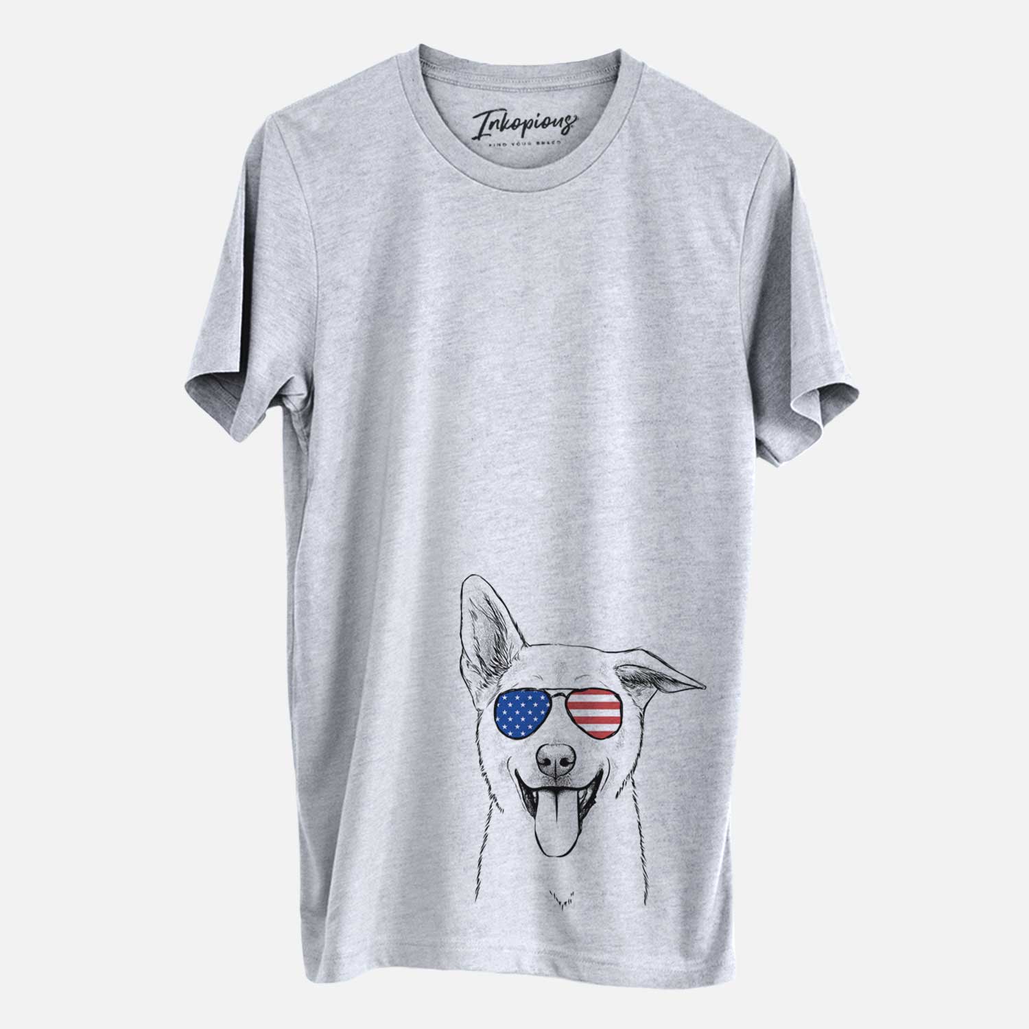 Hand-drawn sketch of Hoya the Korean Jindo wearing American flag sunglasses on a Grey Unisex crewneck