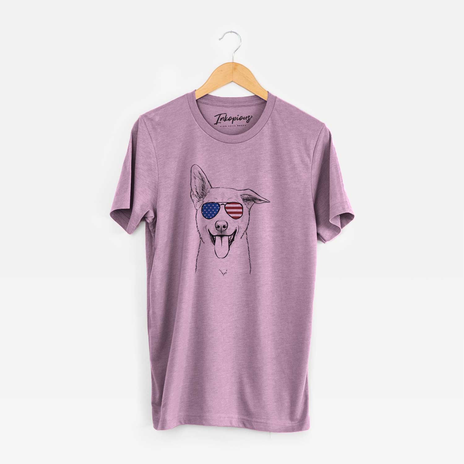 Hand-drawn sketch of Hoya the Korean Jindo wearing American flag sunglasses on an Orchid Unisex crewneck