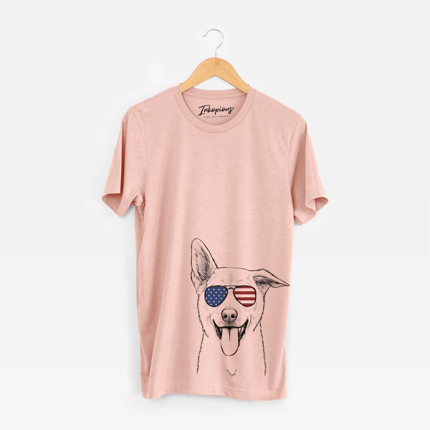 Hand-drawn sketch of Hoya the Korean Jindo wearing American flag sunglasses on a Peach Unisex crewneck