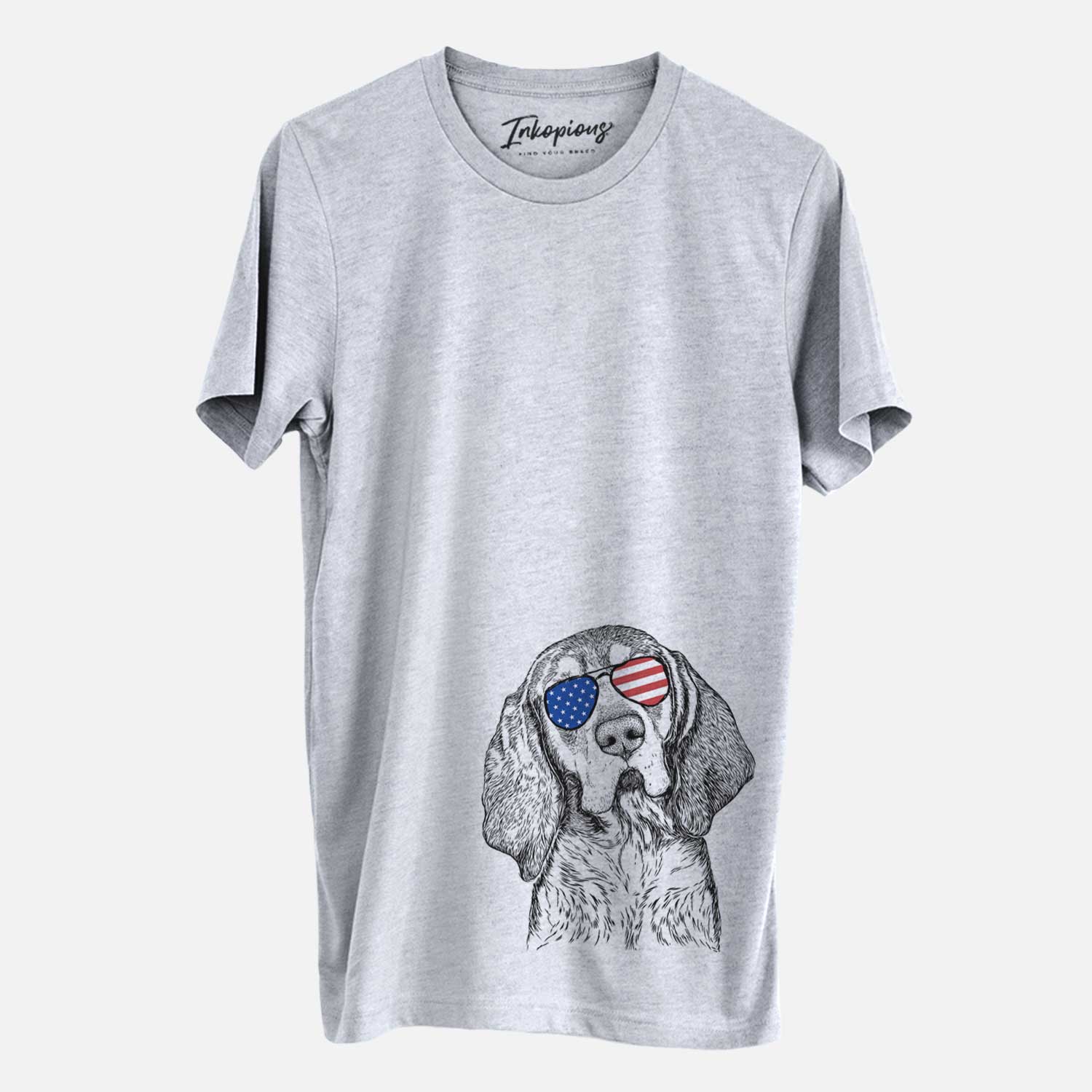 Hand-drawn sketch of Huck the Bluetick Coonhound wearing American flag sunglasses on a Grey Unisex crewneck