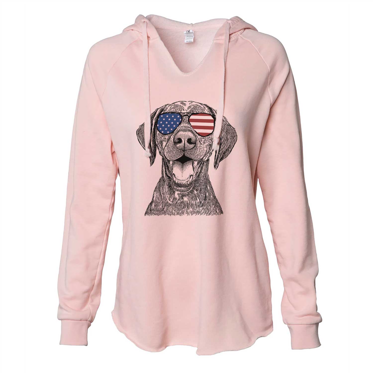 Hand-drawn sketch of Hudson the German Shorthaired Pointer wearing American flag sunglasses on a Blush Cali Wave Hooded Sweatshirt