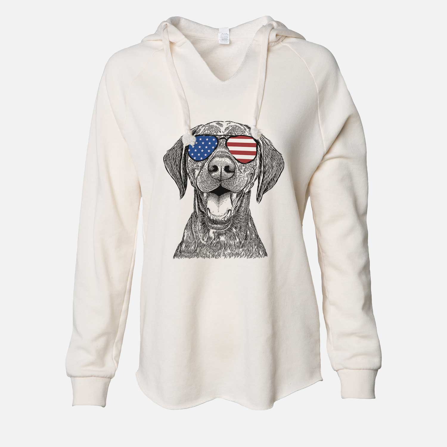Hand-drawn sketch of Hudson the German Shorthaired Pointer wearing American flag sunglasses on a Bone Cali Wave Hooded Sweatshirt