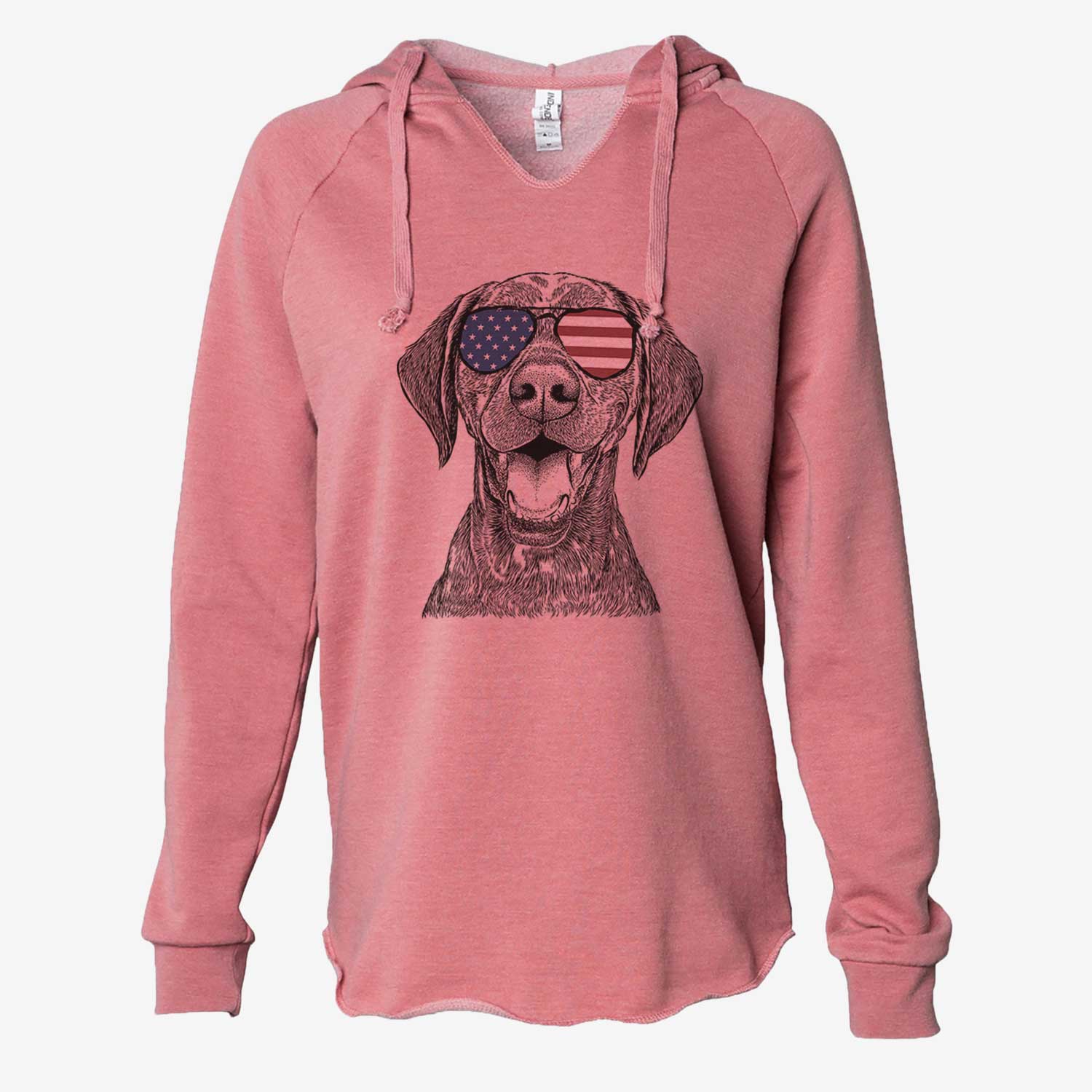 Hand-drawn sketch of Hudson the German Shorthaired Pointer wearing American flag sunglasses on a Dusty Rose Cali Wave Hooded Sweatshirt