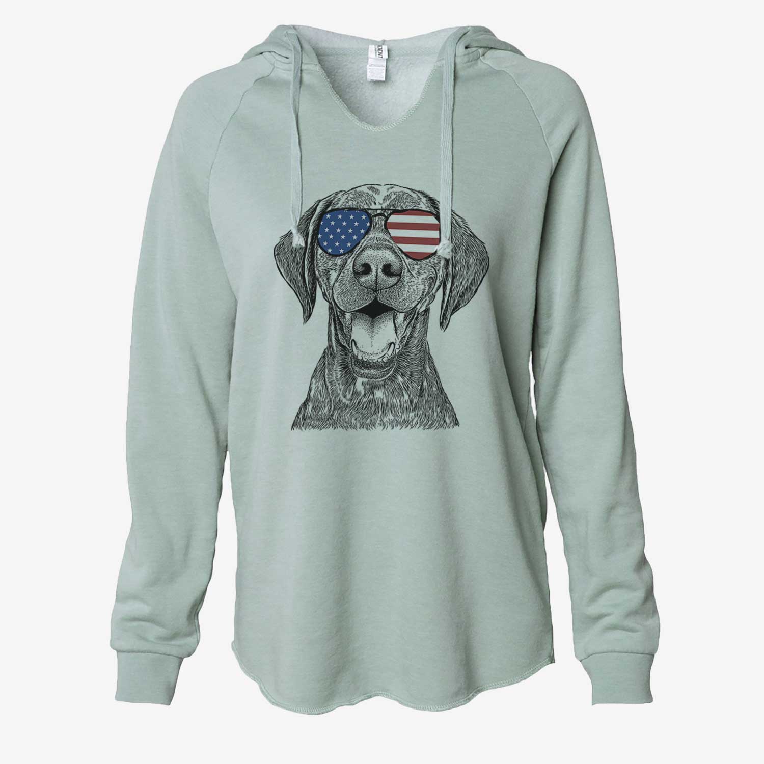 Hand-drawn sketch of Hudson the German Shorthaired Pointer wearing American flag sunglasses on a Sage Cali Wave Hooded Sweatshirt