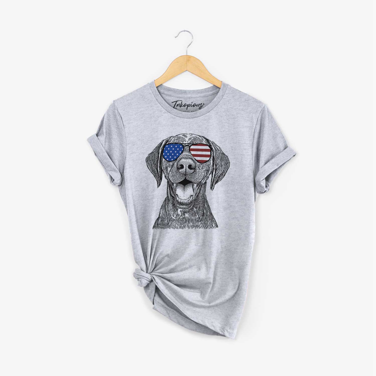Hand-drawn sketch of Hudson the German Shorthaired Pointer wearing American flag sunglasses on a Grey Unisex crewneck