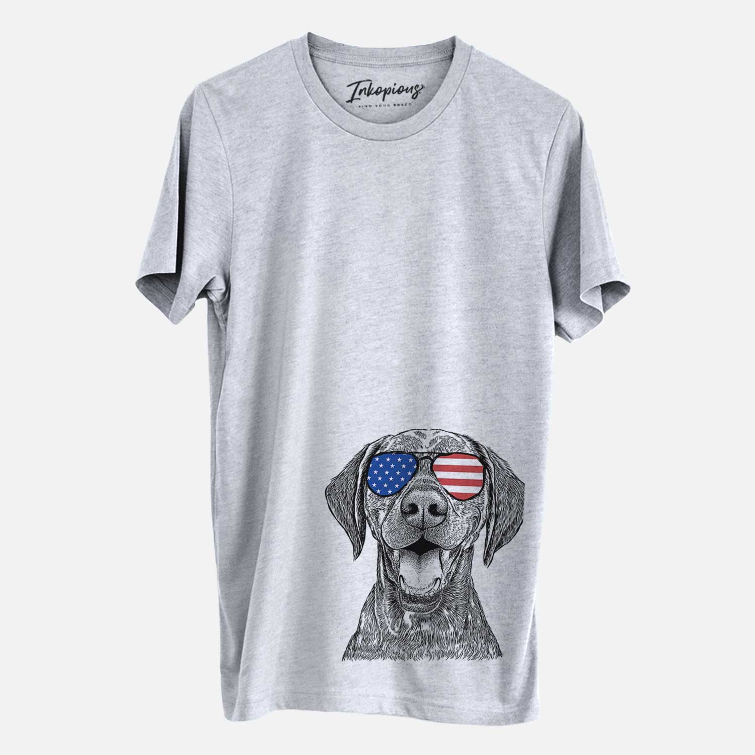 Hand-drawn sketch of Hudson the German Shorthaired Pointer wearing American flag sunglasses on a Grey Unisex crewneck