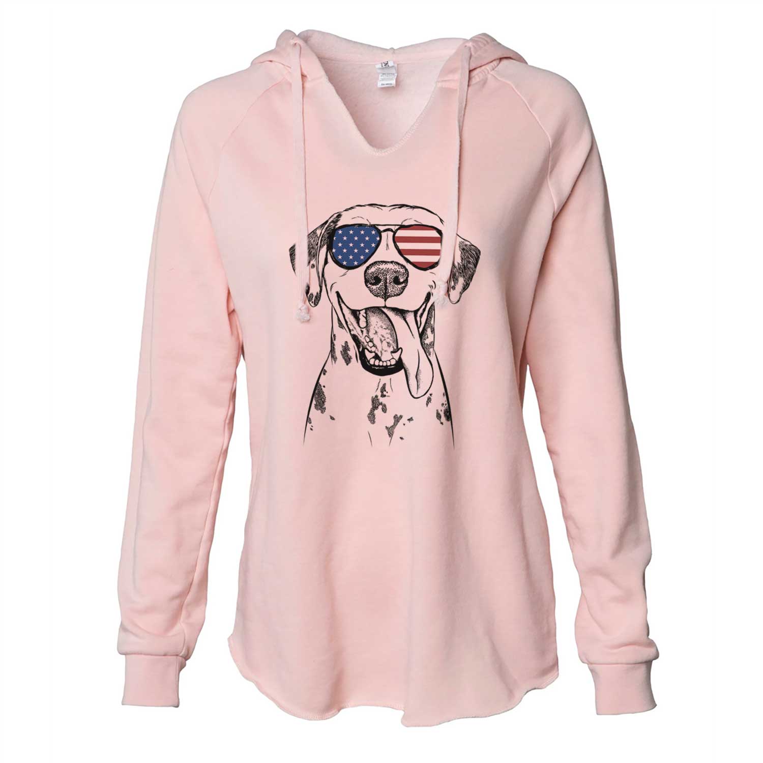 Hand-drawn sketch of Hydro the Dalmatian wearing American flag sunglasses on a Blush Cali Wave Hooded Sweatshirt