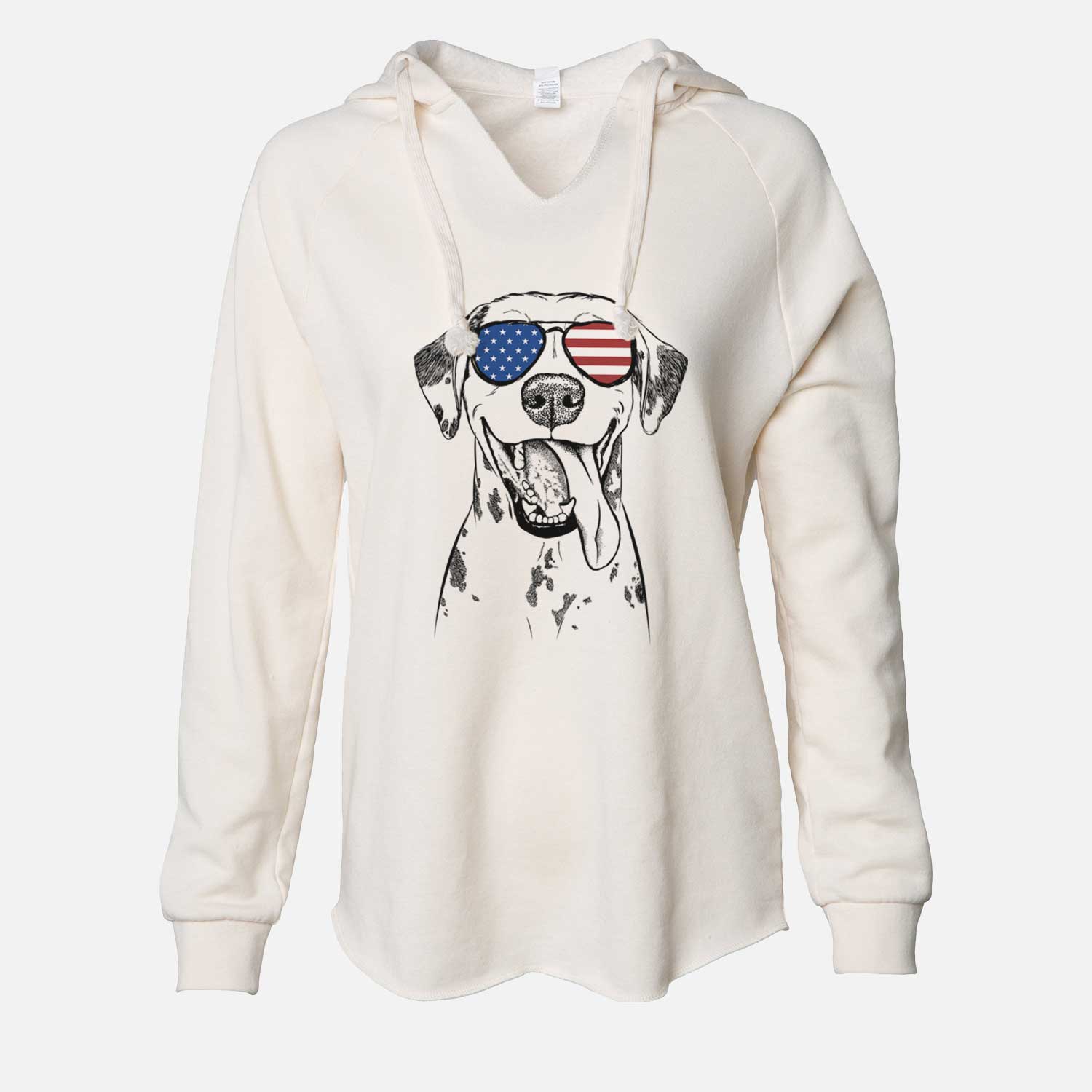 Hand-drawn sketch of Hydro the Dalmatian wearing American flag sunglasses on a Bone Cali Wave Hooded Sweatshirt