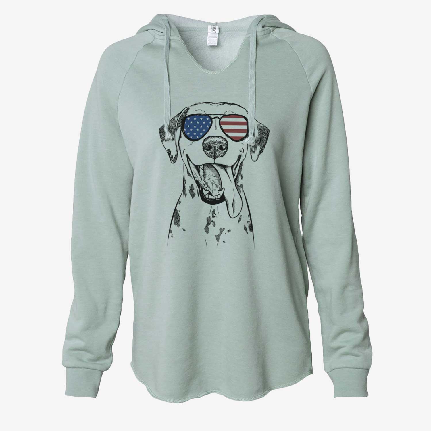 Hand-drawn sketch of Hydro the Dalmatian wearing American flag sunglasses on a Sage Cali Wave Hooded Sweatshirt