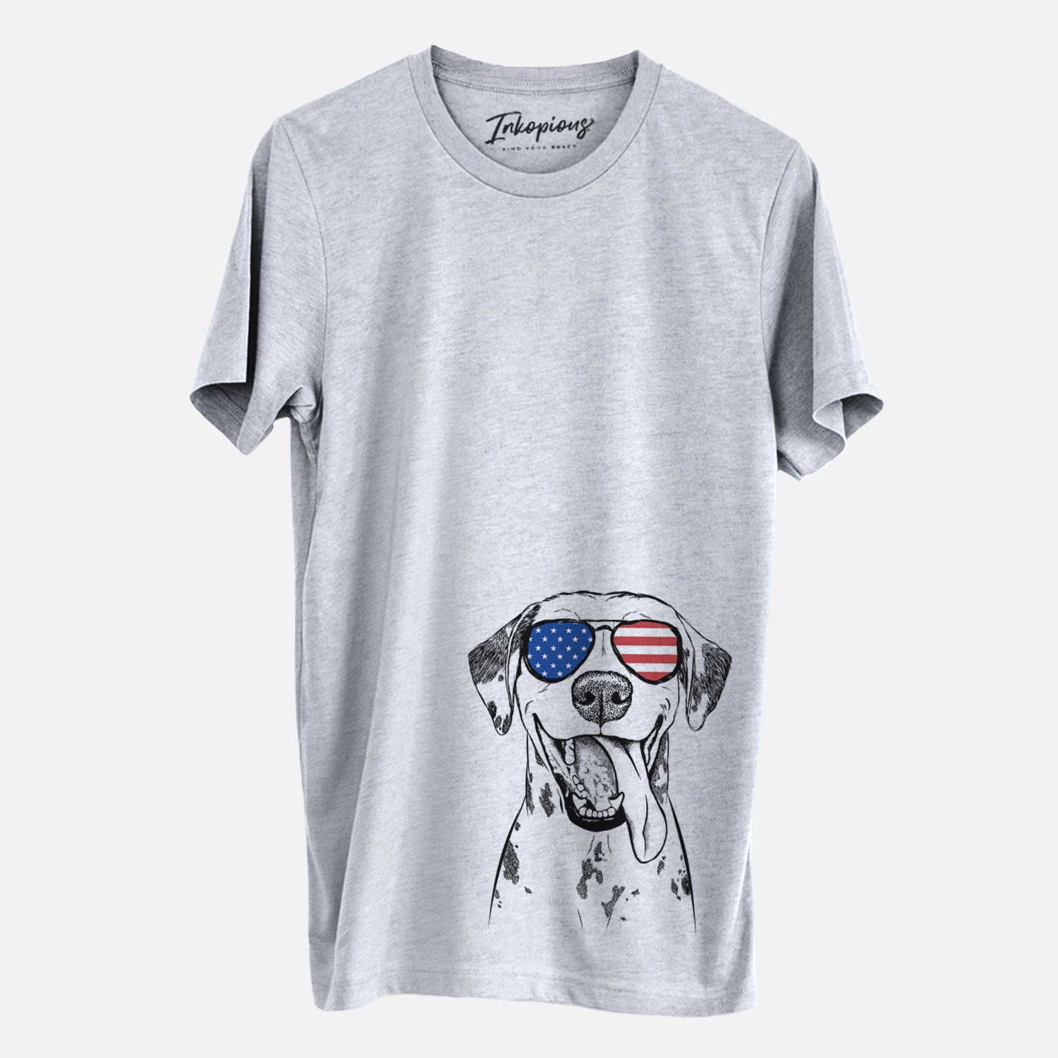 Hand-drawn sketch of Hydro the Dalmatian wearing American flag sunglasses on a Grey Unisex crewneck
