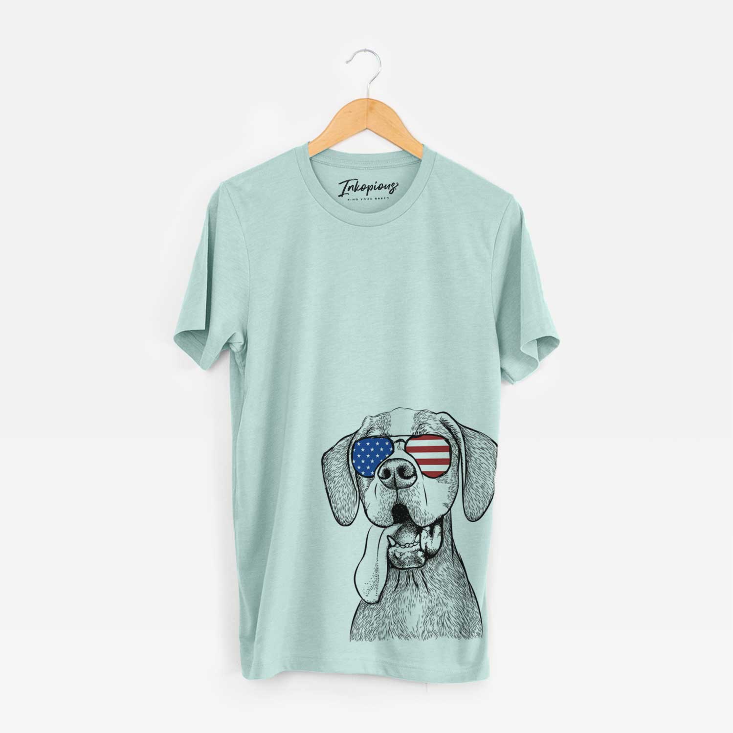Hand-drawn sketch of Irwin the English Pointer wearing American flag sunglasses on a Heather Sage Unisex crewneck