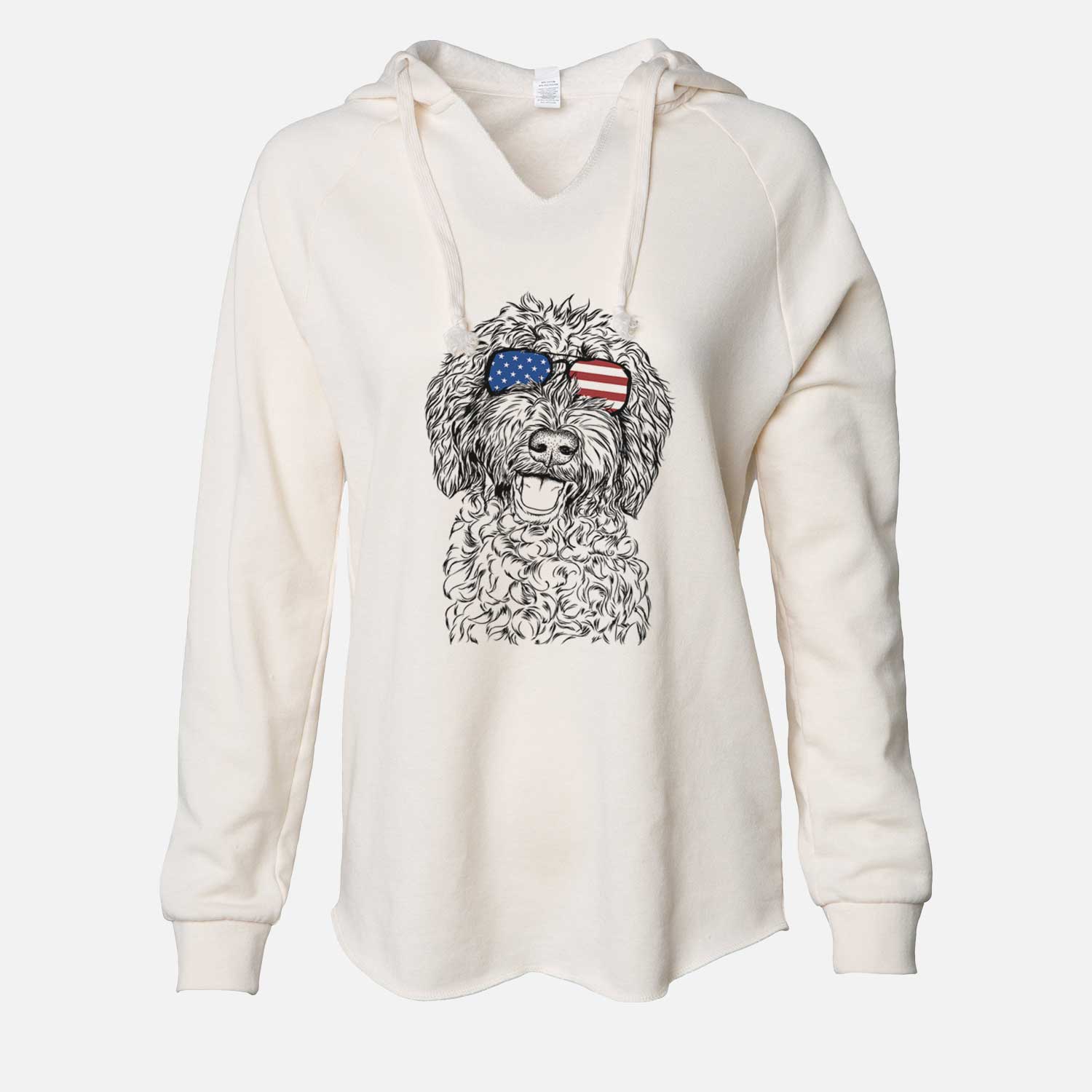 Hand-drawn sketch of Jack the Chocolate Labradoodle wearing American flag sunglasses on a Bone Cali Wave Hooded Sweatshirt