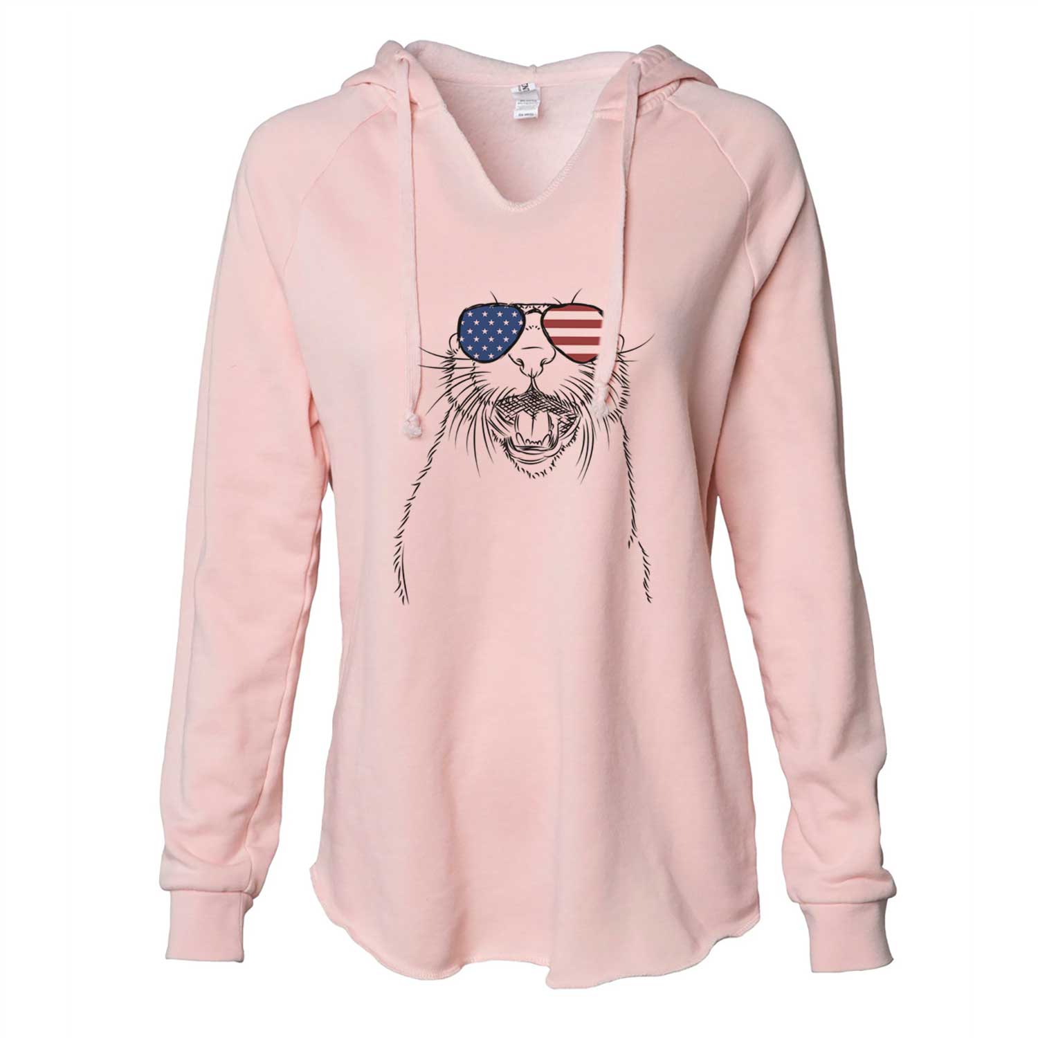 Hand-drawn sketch of Jasper the River Otter wearing American flag sunglasses on a Blush Cali Wave Hooded Sweatshirt