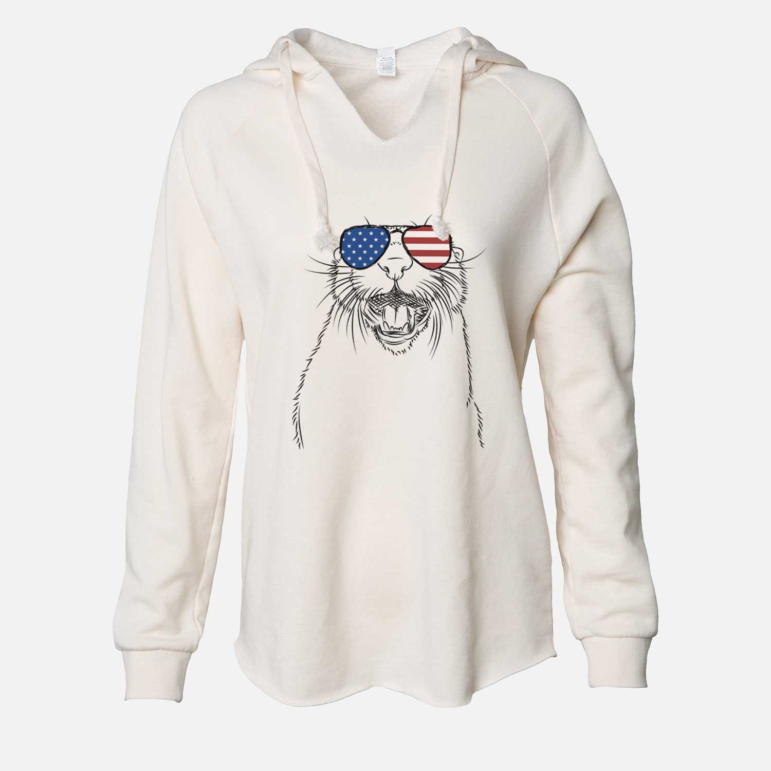 Hand-drawn sketch of Jasper the River Otter wearing American flag sunglasses on a Bone Cali Wave Hooded Sweatshirt