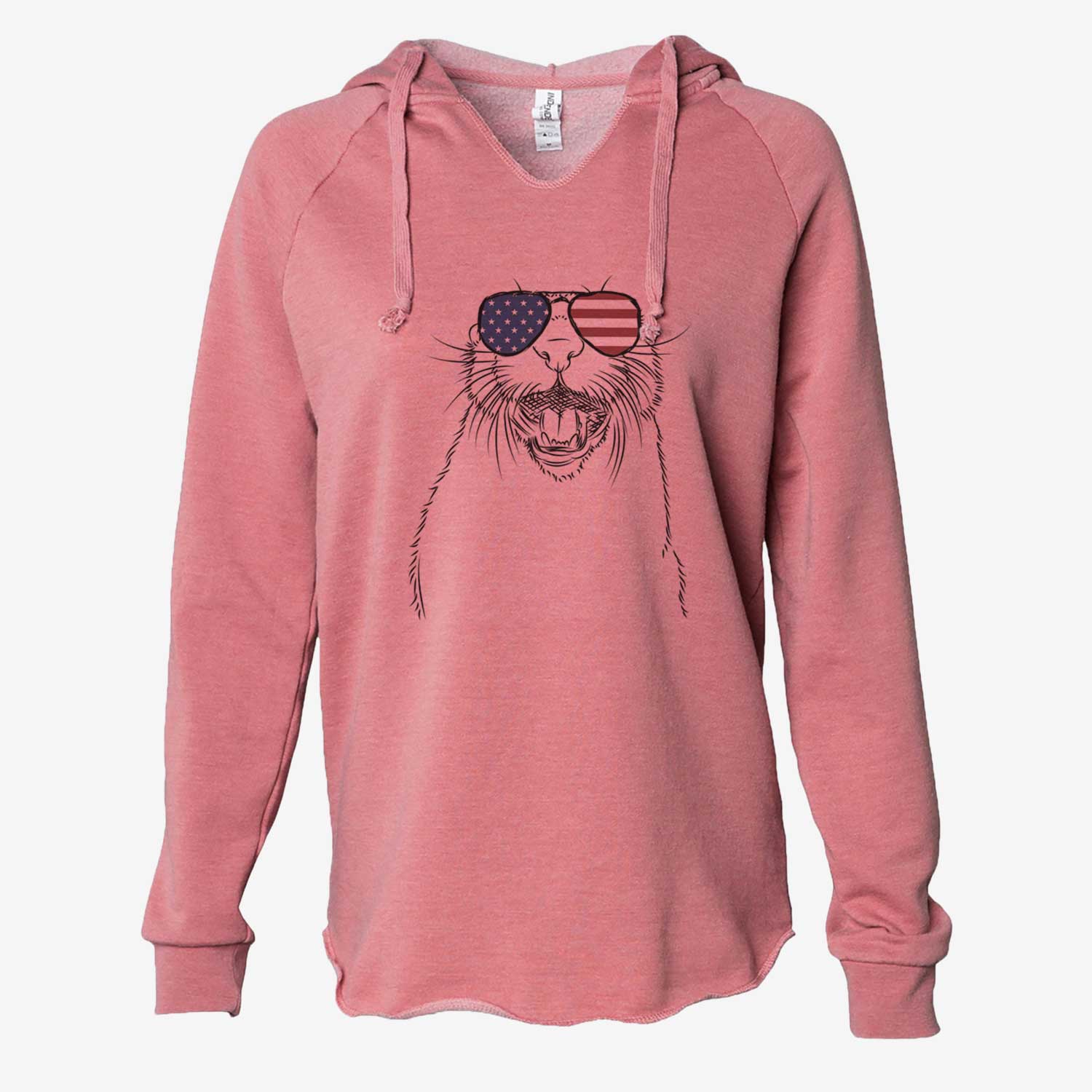 Hand-drawn sketch of Jasper the River Otter wearing American flag sunglasses on a Dusty Rose Cali Wave Hooded Sweatshirt