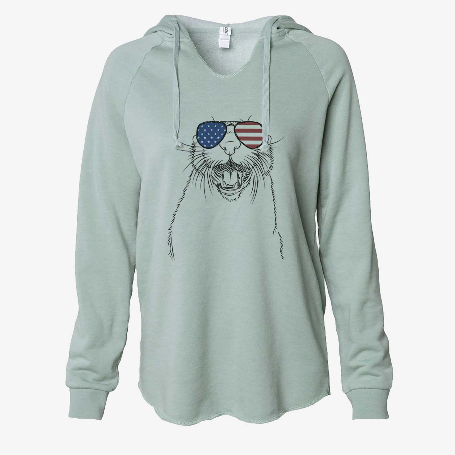Hand-drawn sketch of Jasper the River Otter wearing American flag sunglasses on a Sage Cali Wave Hooded Sweatshirt