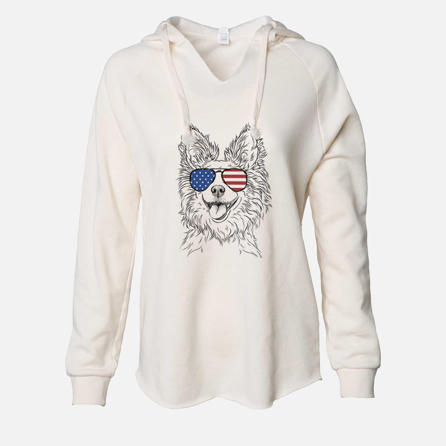 Hand-drawn sketch of Jasper the Pomchi wearing American flag sunglasses on a Bone Cali Wave Hooded Sweatshirt