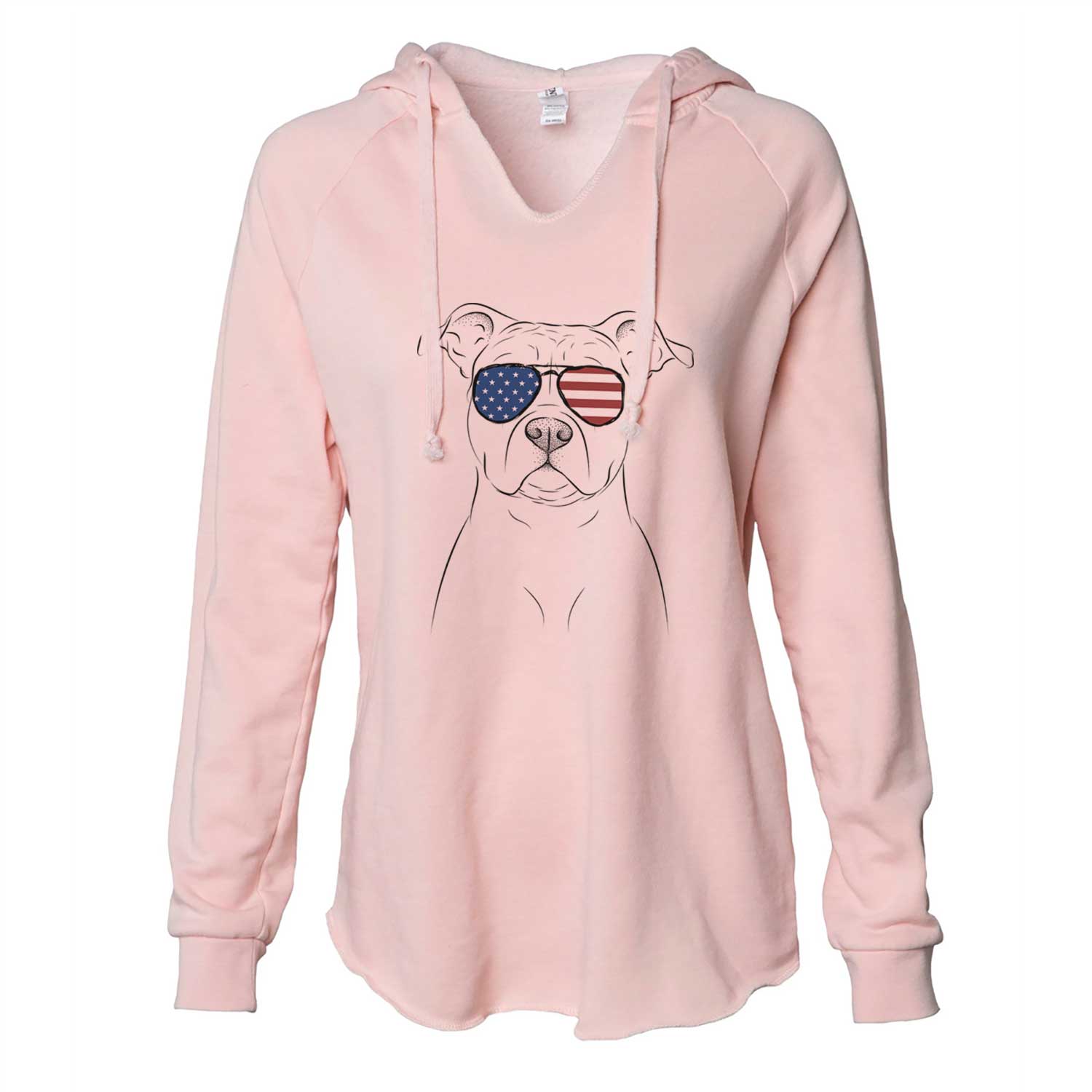 Hand-drawn sketch of Jethro the American Staffordshire Terrier wearing American flag sunglasses on a Blush Cali Wave Hooded Sweatshirt