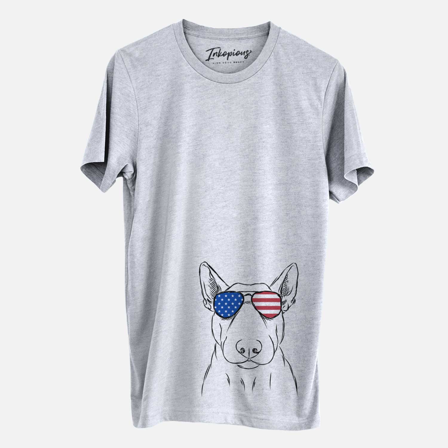Hand-drawn sketch of Jett the Bull Terrier wearing American flag sunglasses on a Grey Unisex crewneck