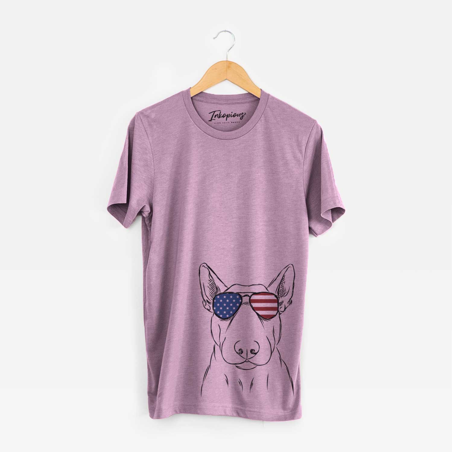 Hand-drawn sketch of Jett the Bull Terrier wearing American flag sunglasses on an Orchid Unisex crewneck